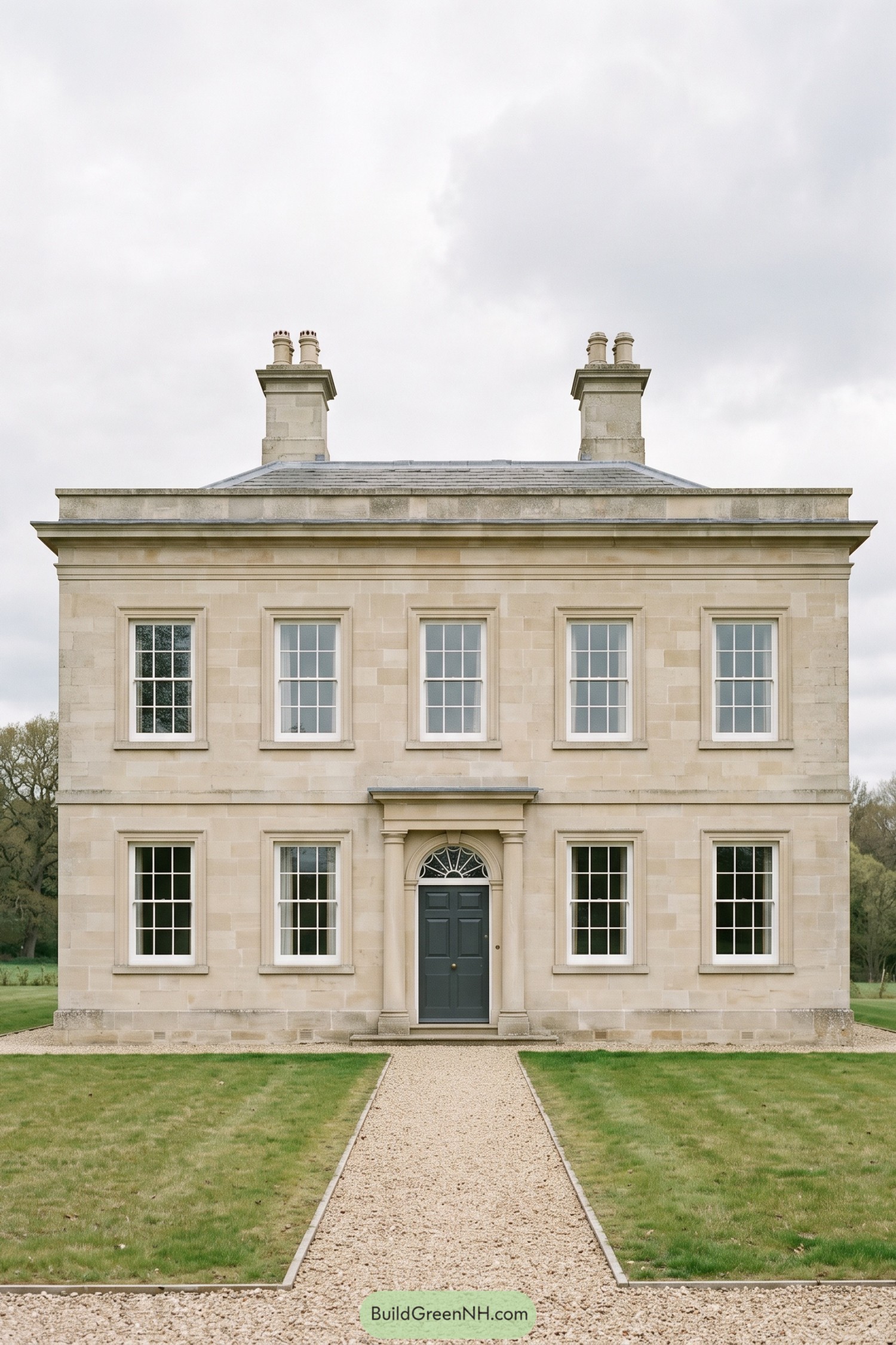 Pale stone Regency house with central fanlight entrance