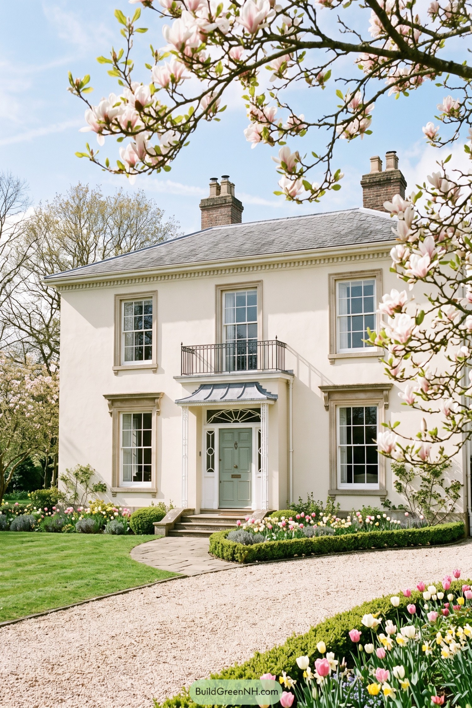 Cream Regency home with magnolia blooms and tulip borders
