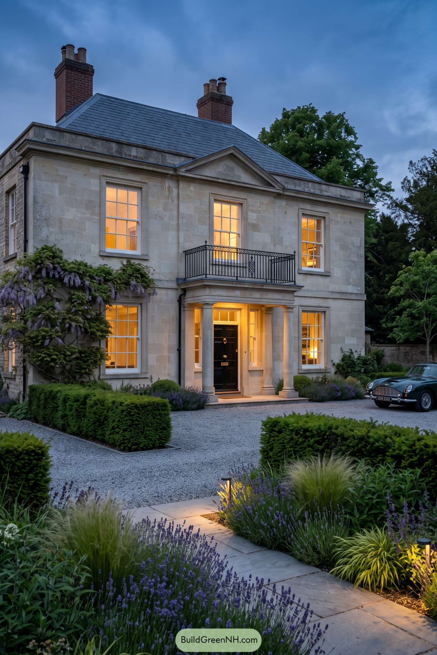 Stone Regency villa with columned porch balcony and lavender garden