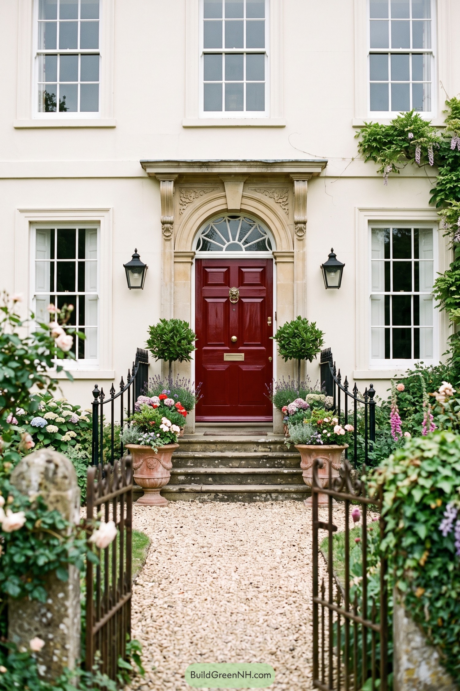 Cream Regency façade with a claret door and flowered garden path