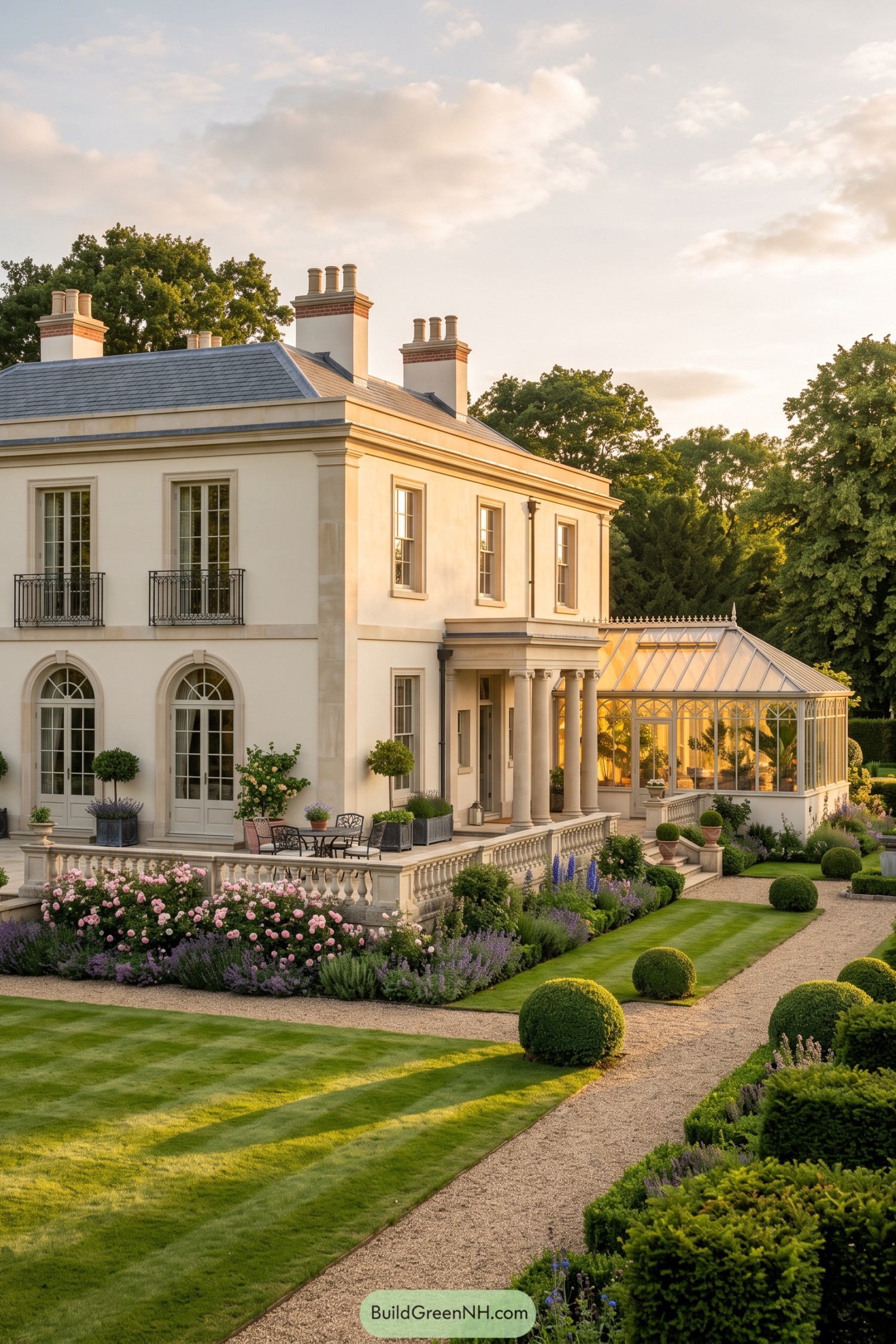 Cream Regency house with columned porch and glass conservatory