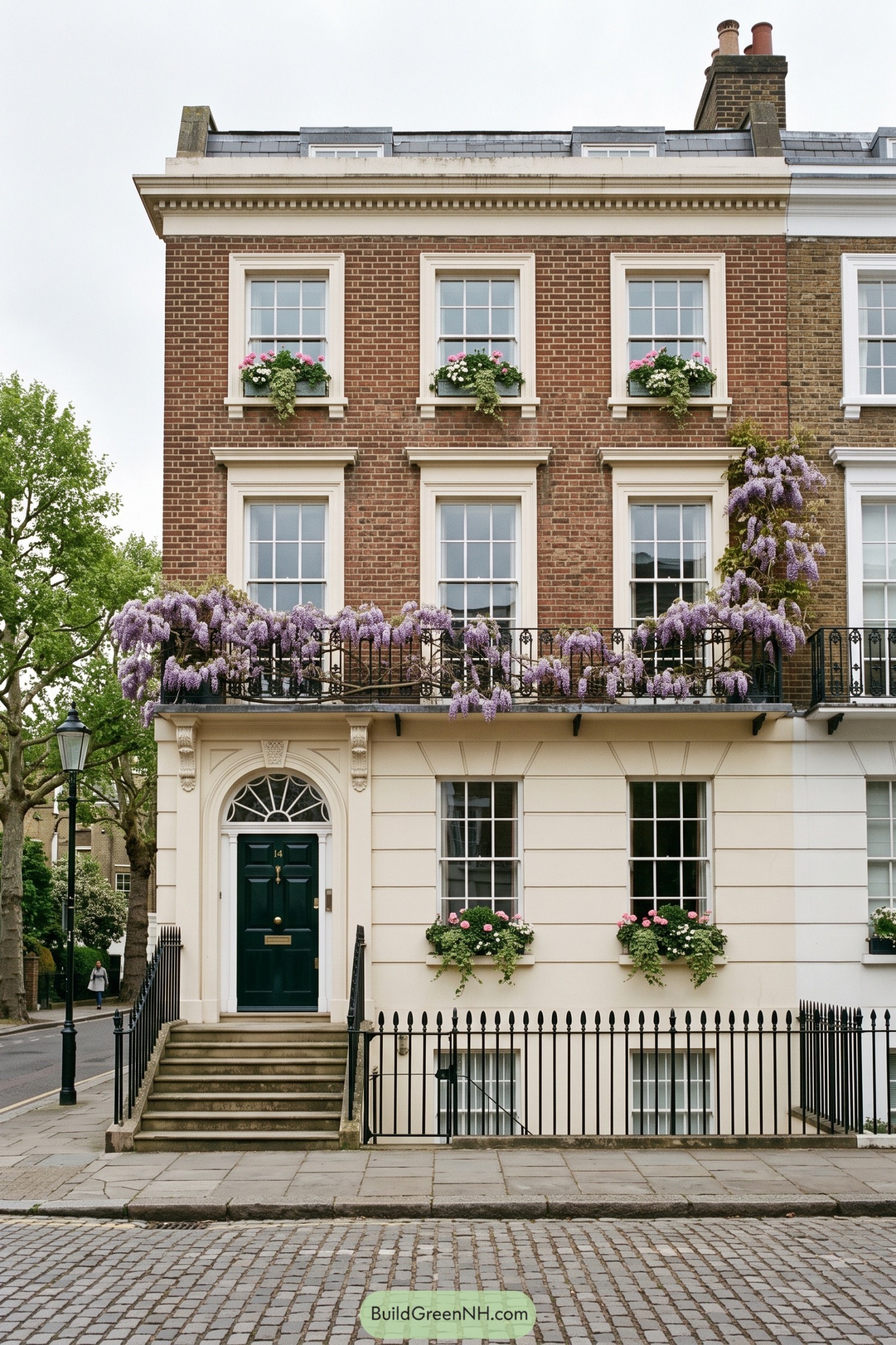 Brick Regency townhouse with wisteria balcony and dark green door