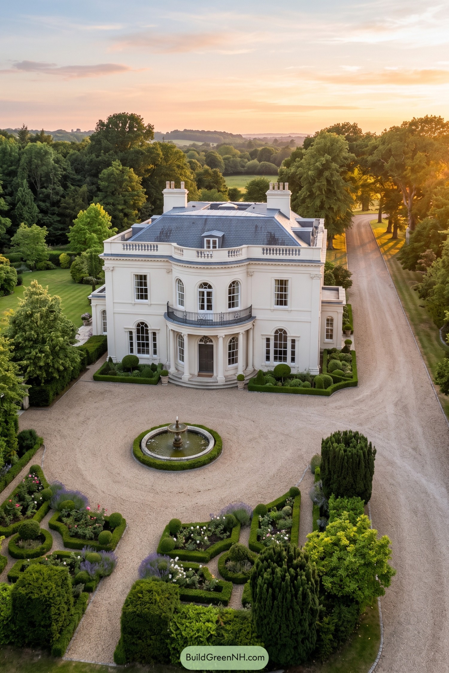 Cream Regency estate with curved portico and formal gardens
