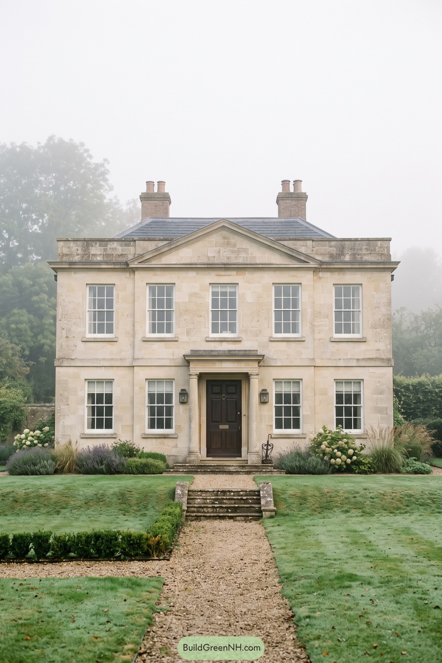 Pale stone Regency house with pedimented entrance and formal garden