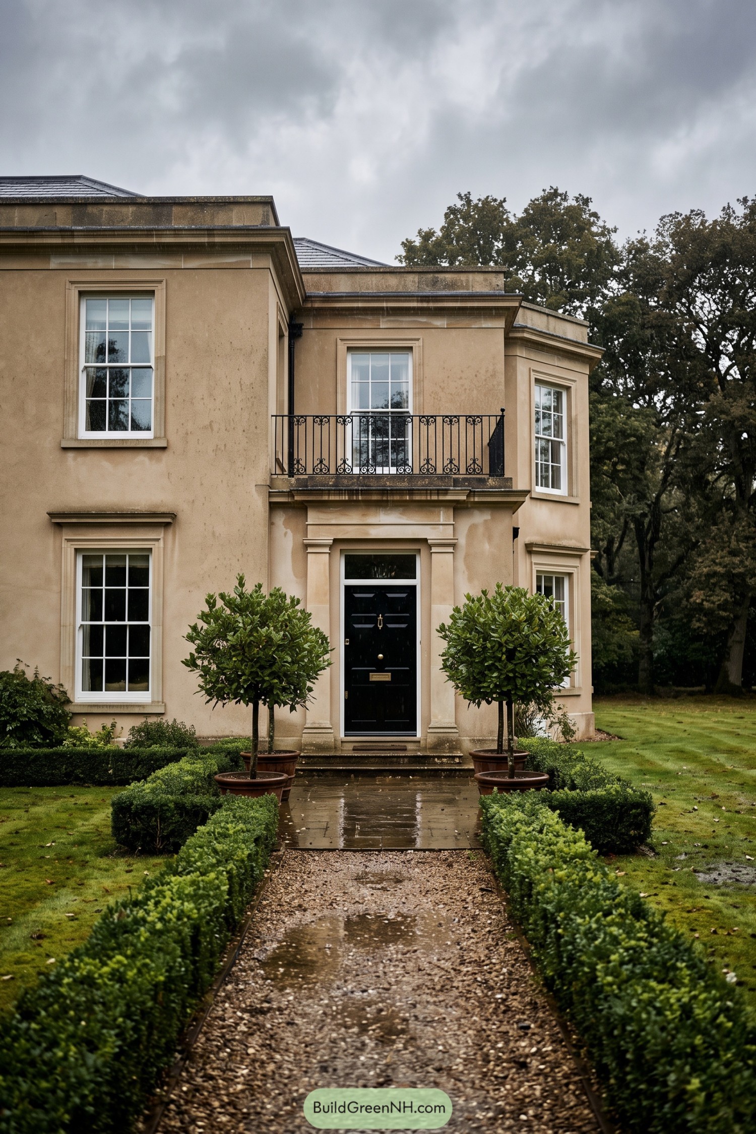 Beige Regency villa with black door balcony and clipped garden