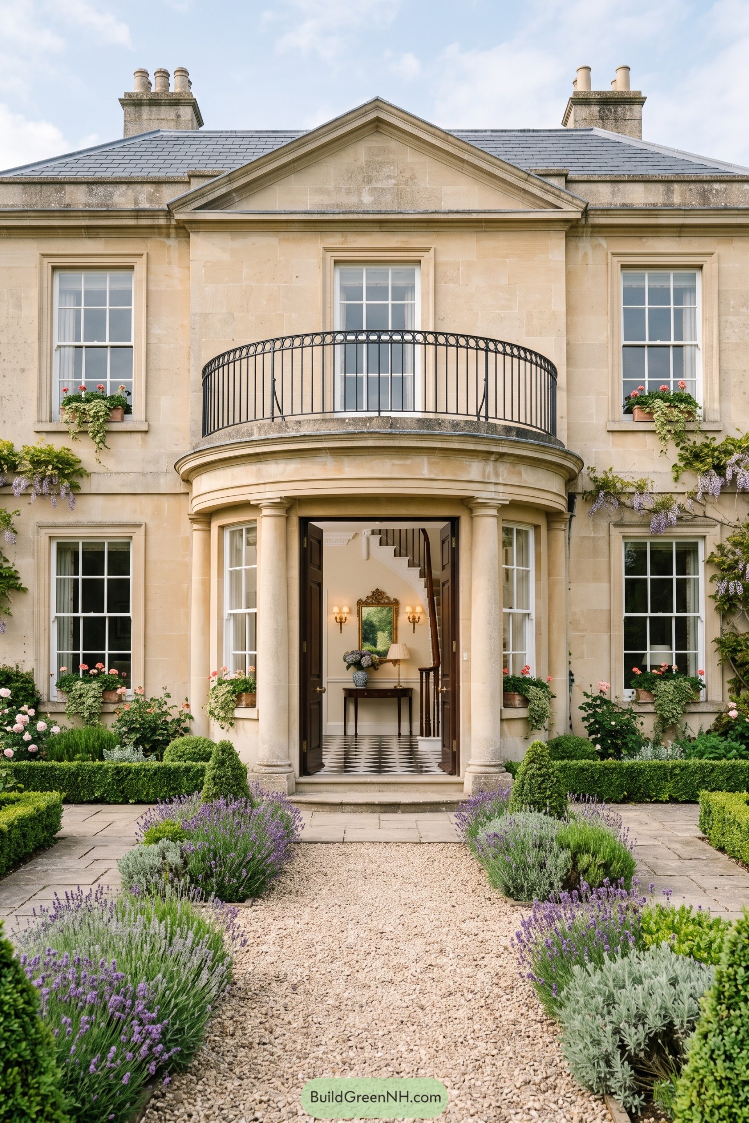 Pale stone Regency villa with curved balcony and lavender garden