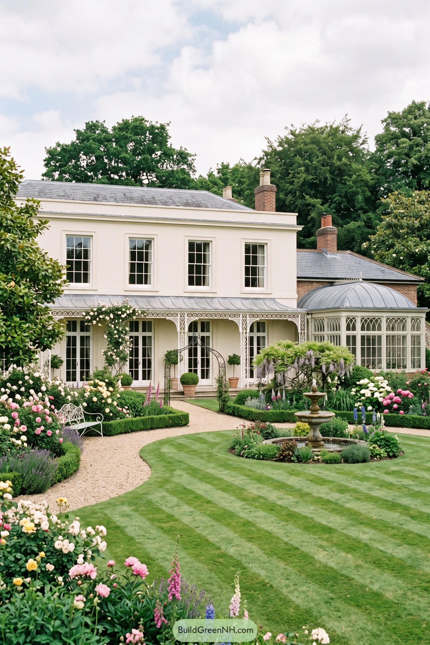 Cream Regency house with glazed conservatory and formal rose garden