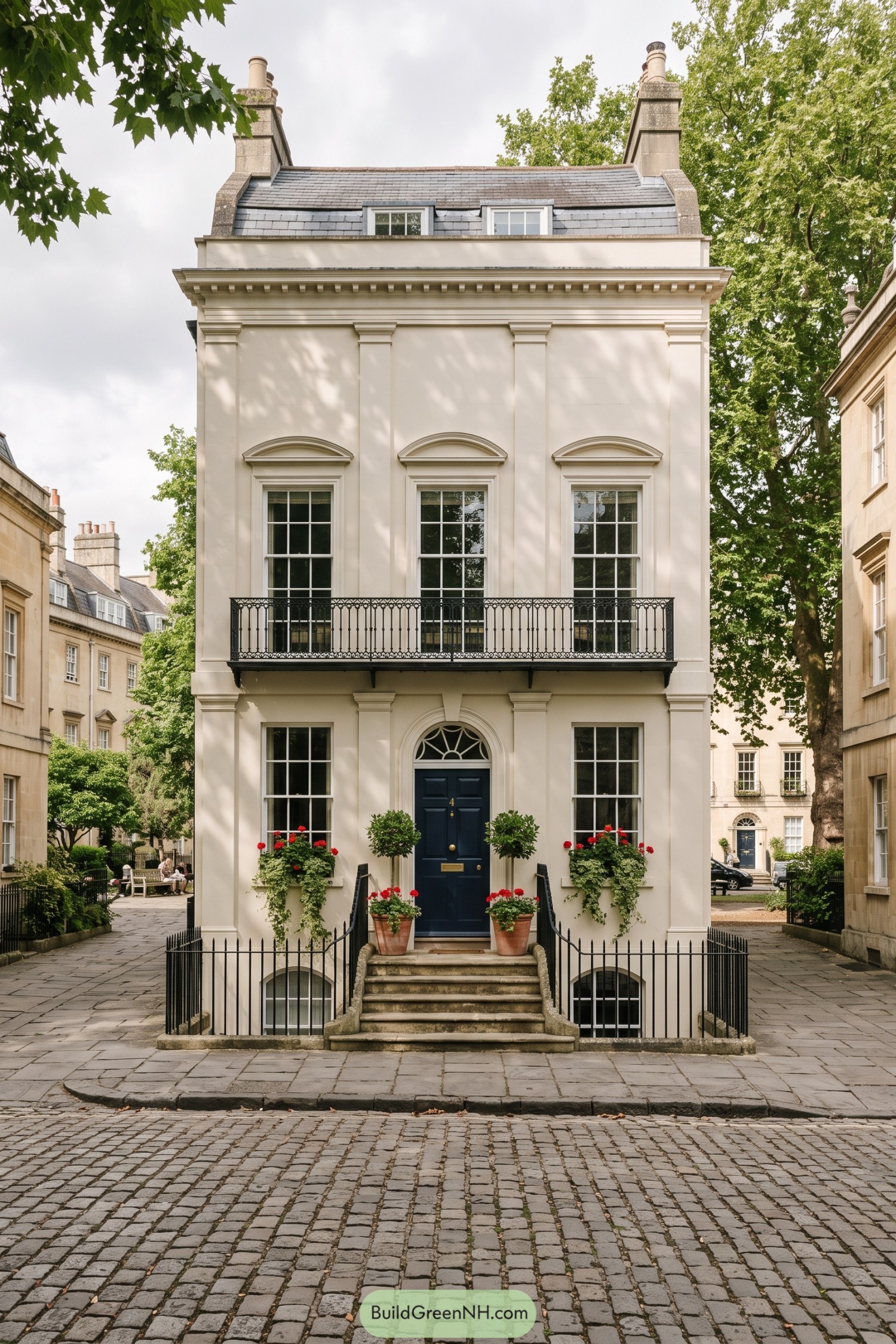 Cream Regency townhouse with navy door and iron balcony