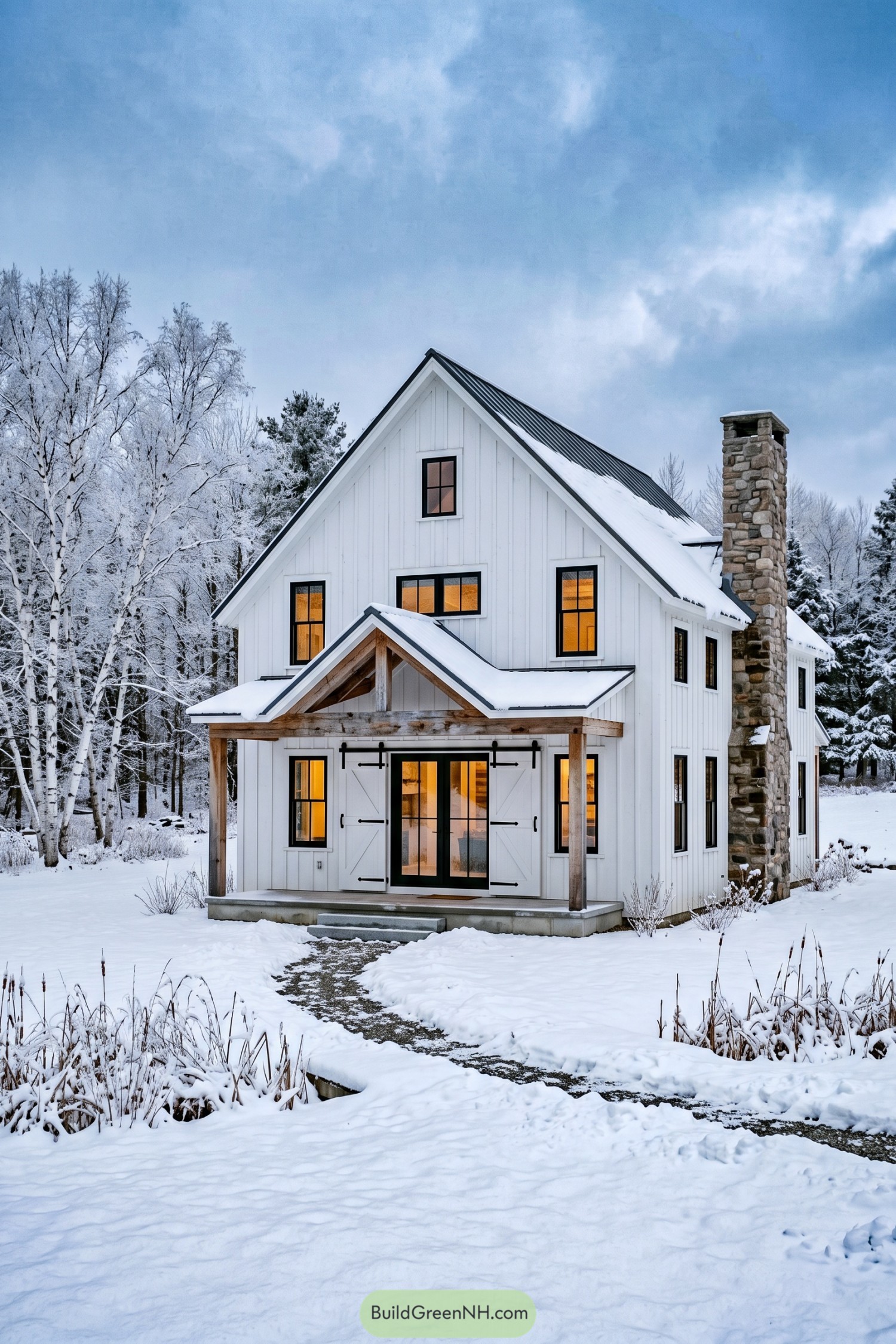 White barn house with snowy roof stone chimney and timber porch