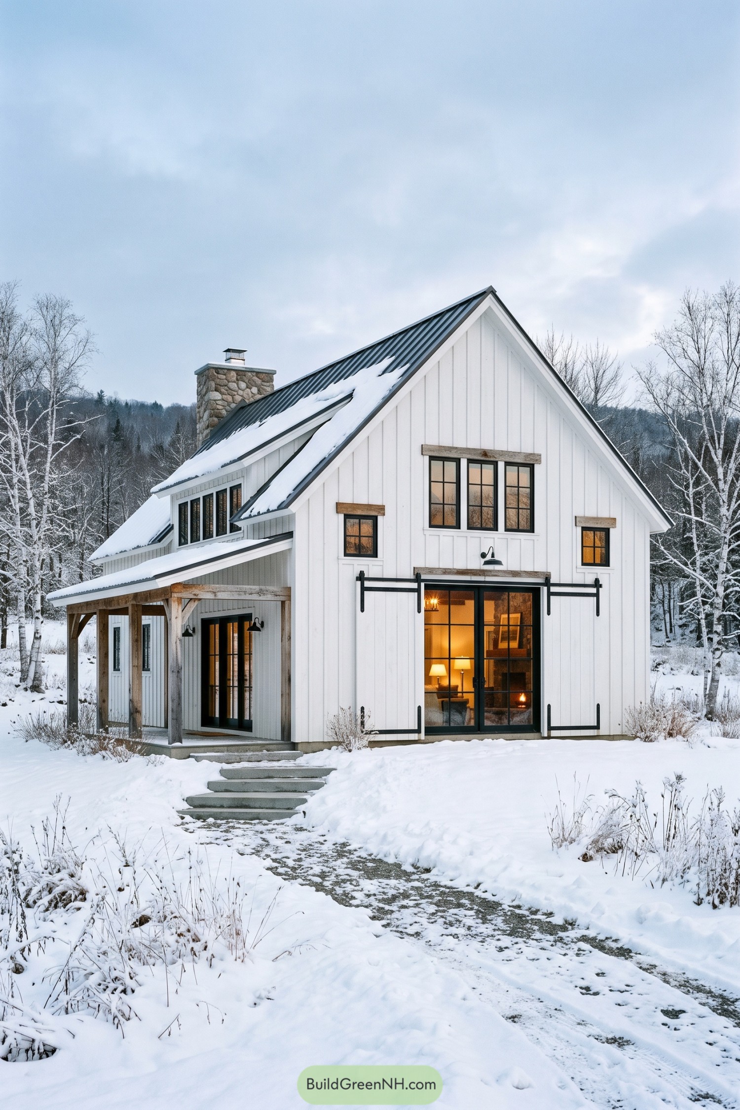 White barn home with black sliding glass doors in snow