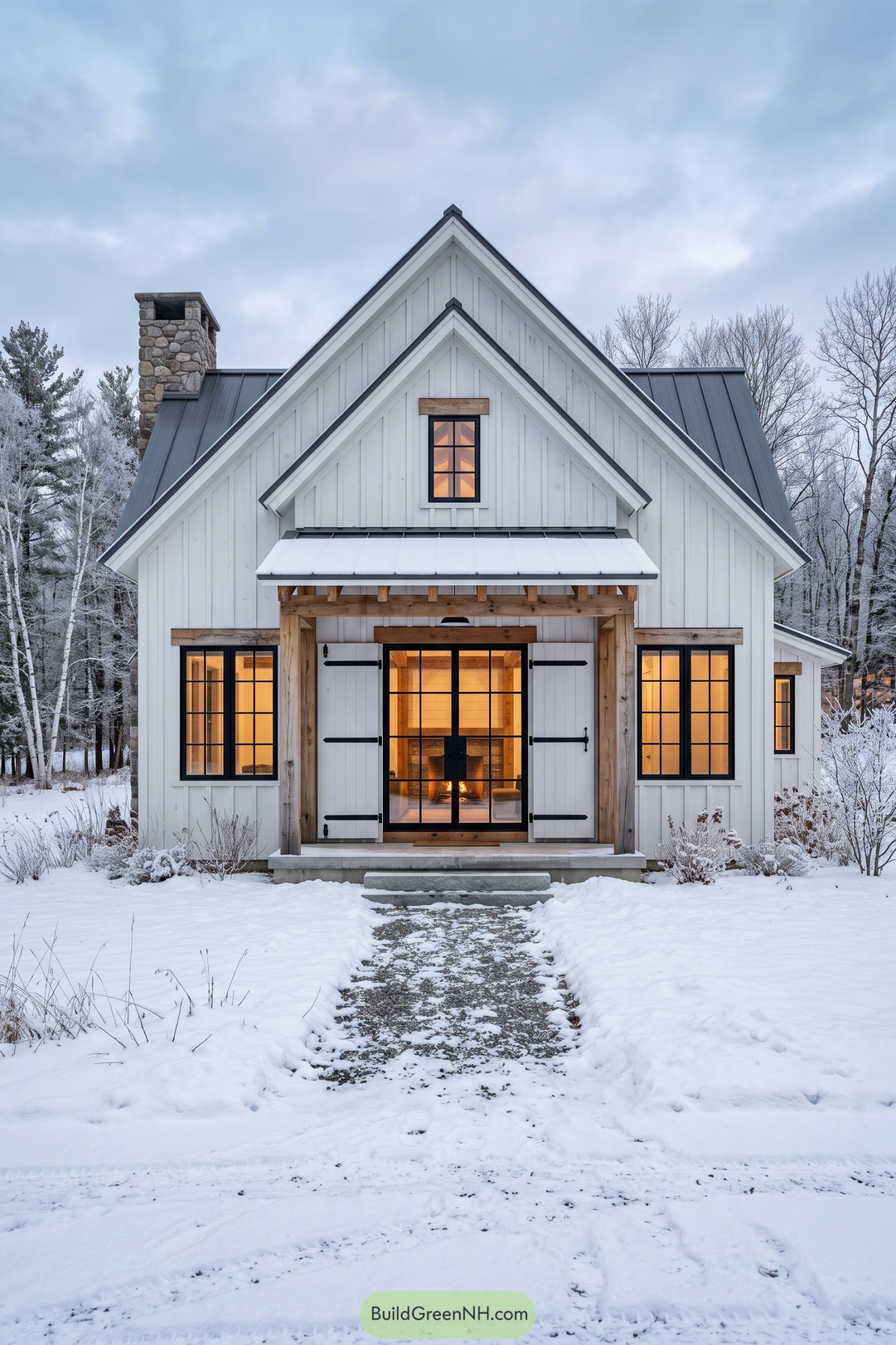 White modern barn house with timber porch and black framed glass doors