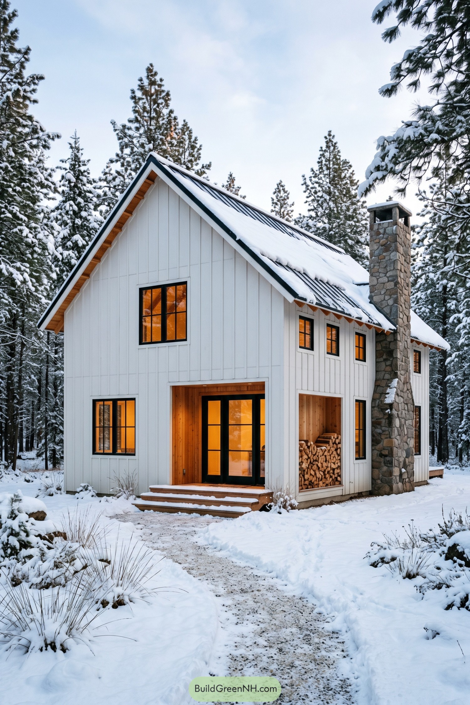White modern barn house with stone chimney in a snowy pine forest