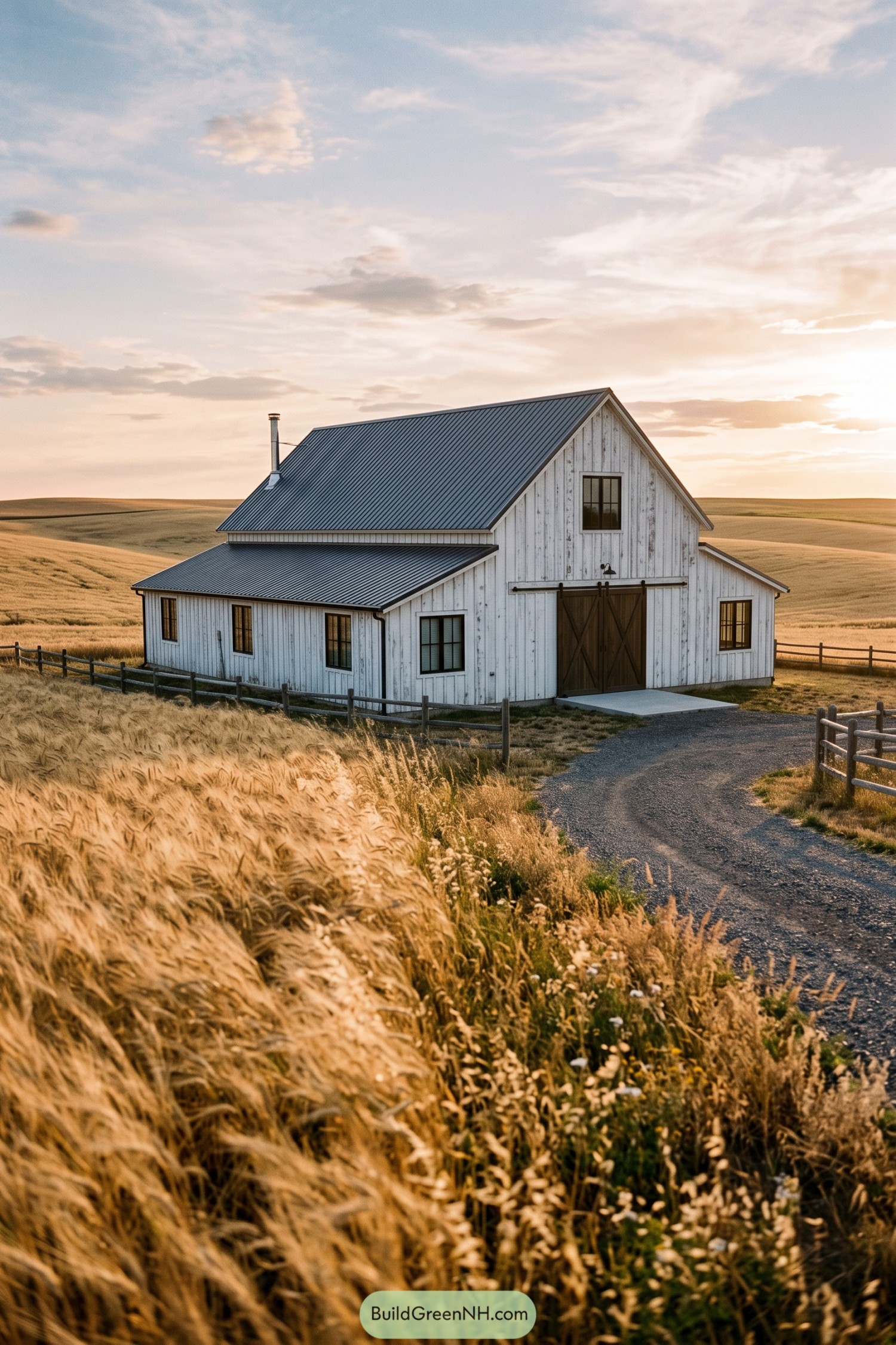 White modern barn house with black metal roof in wheat fields