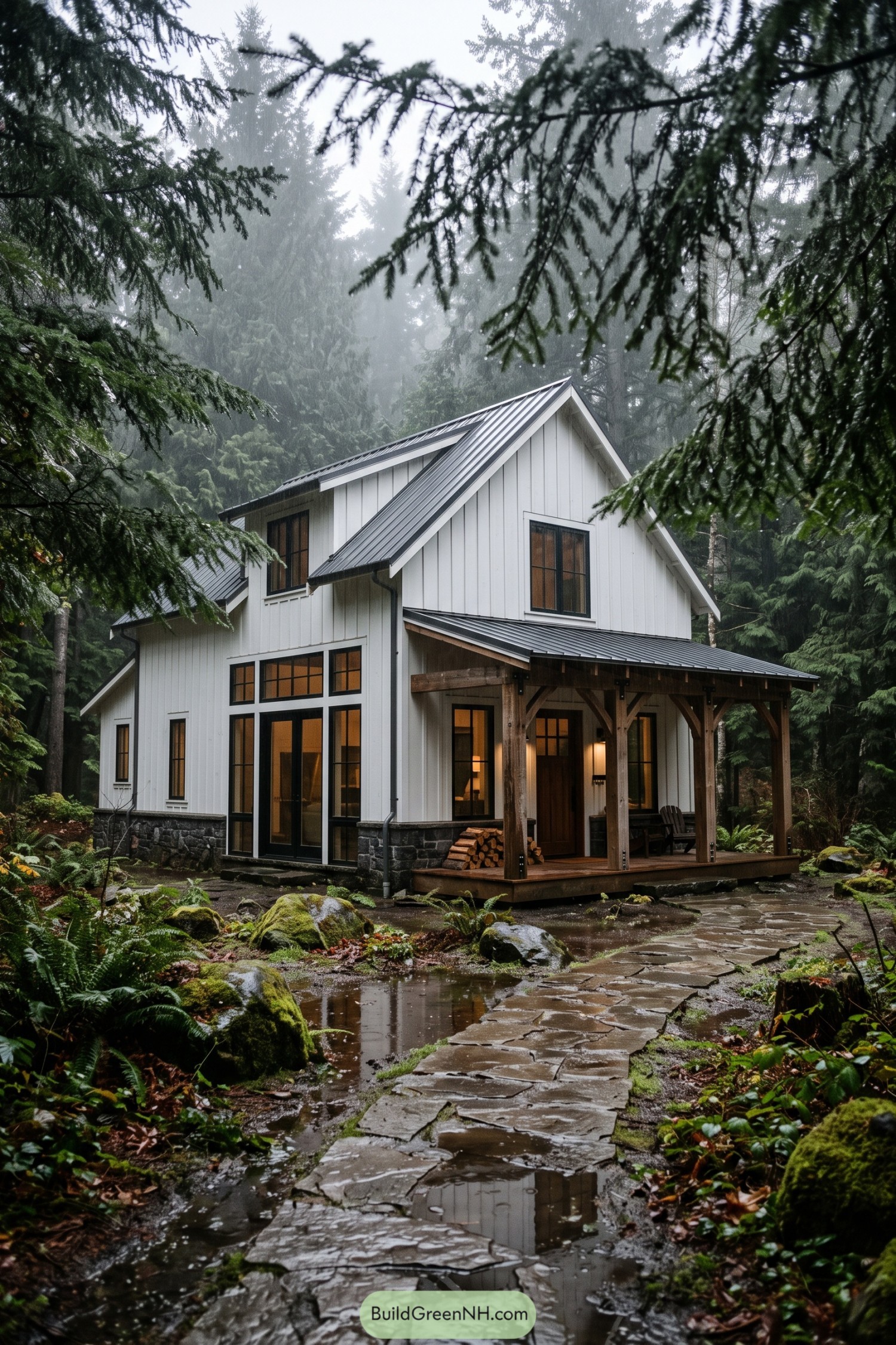 White modern barn house with a timber porch in evergreens