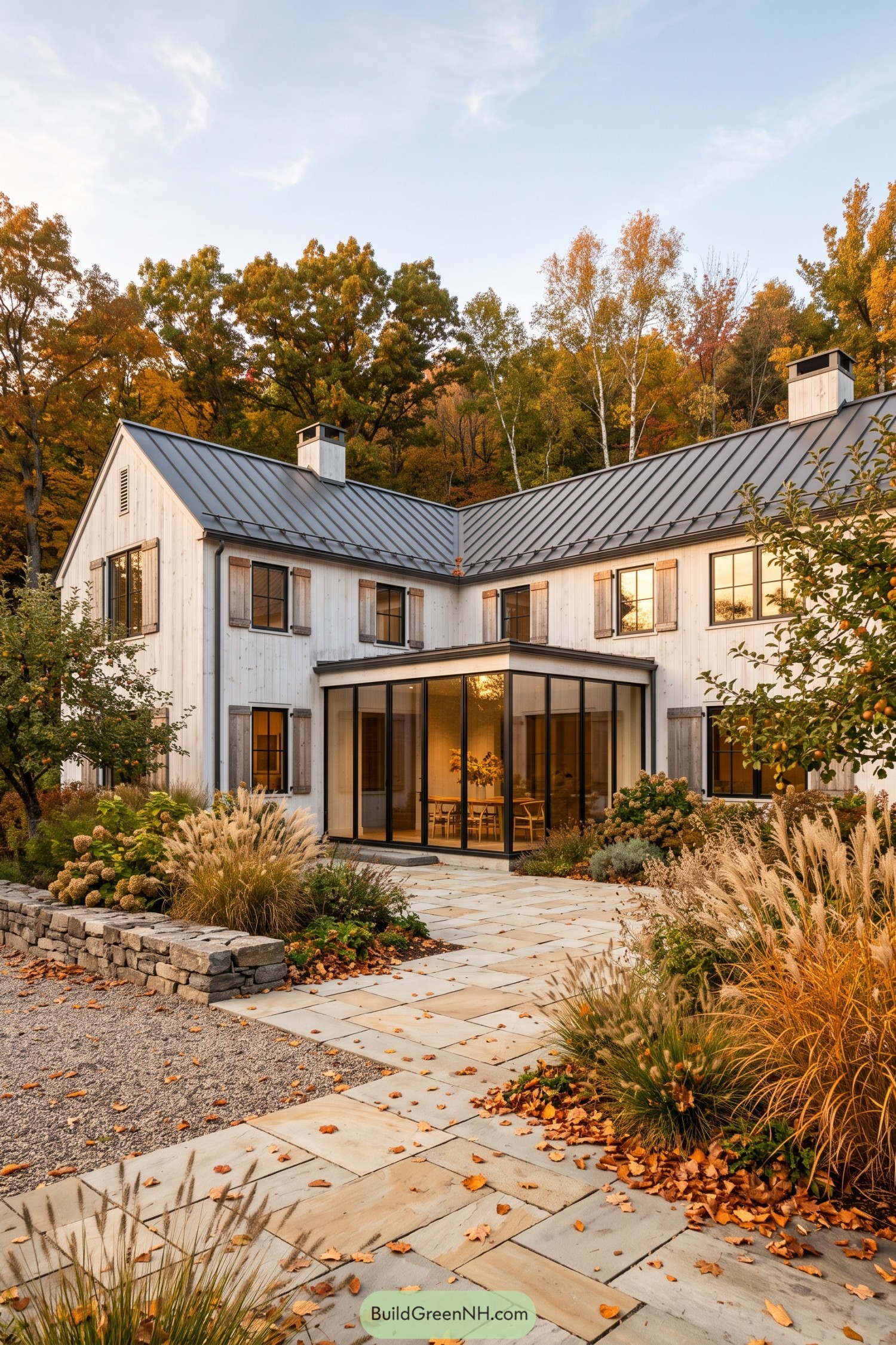White barn house with black metal roof and glazed garden room