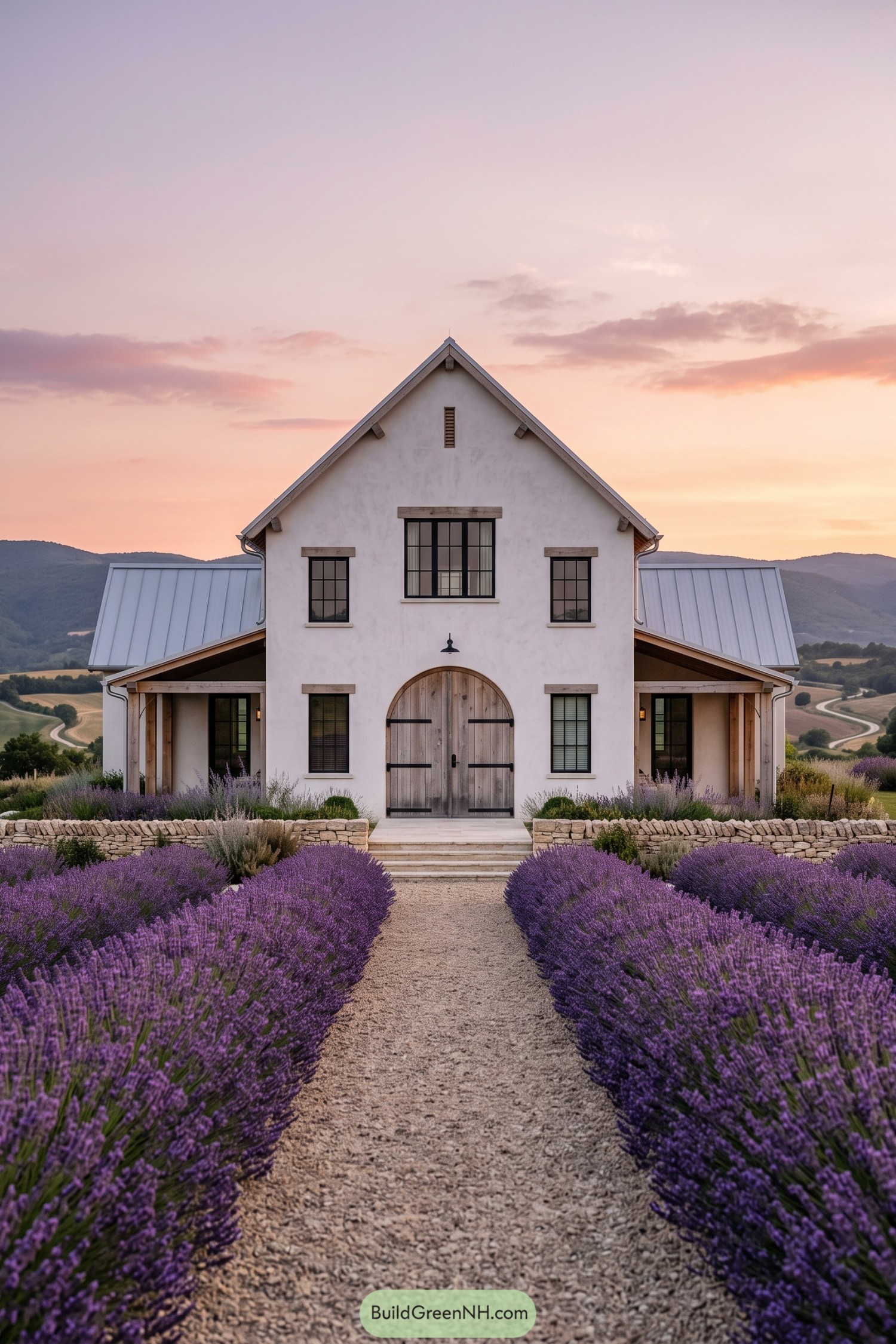White barn house with lavender gardens and arched timber doors
