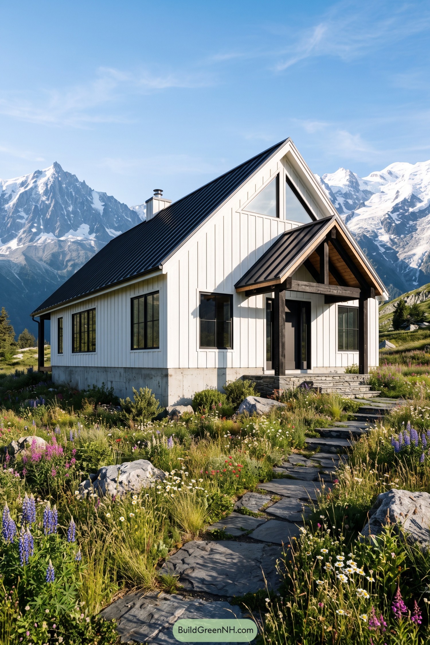 White modern barn home with black roof in an alpine meadow