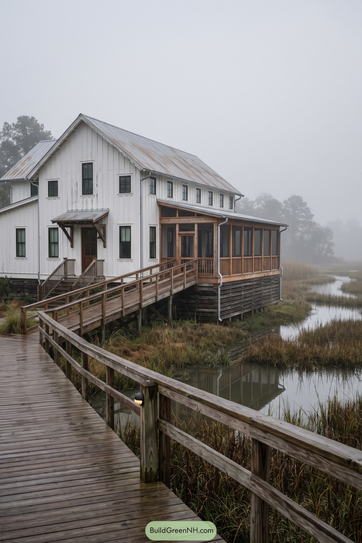 White barn house with screened porch beside wetlands