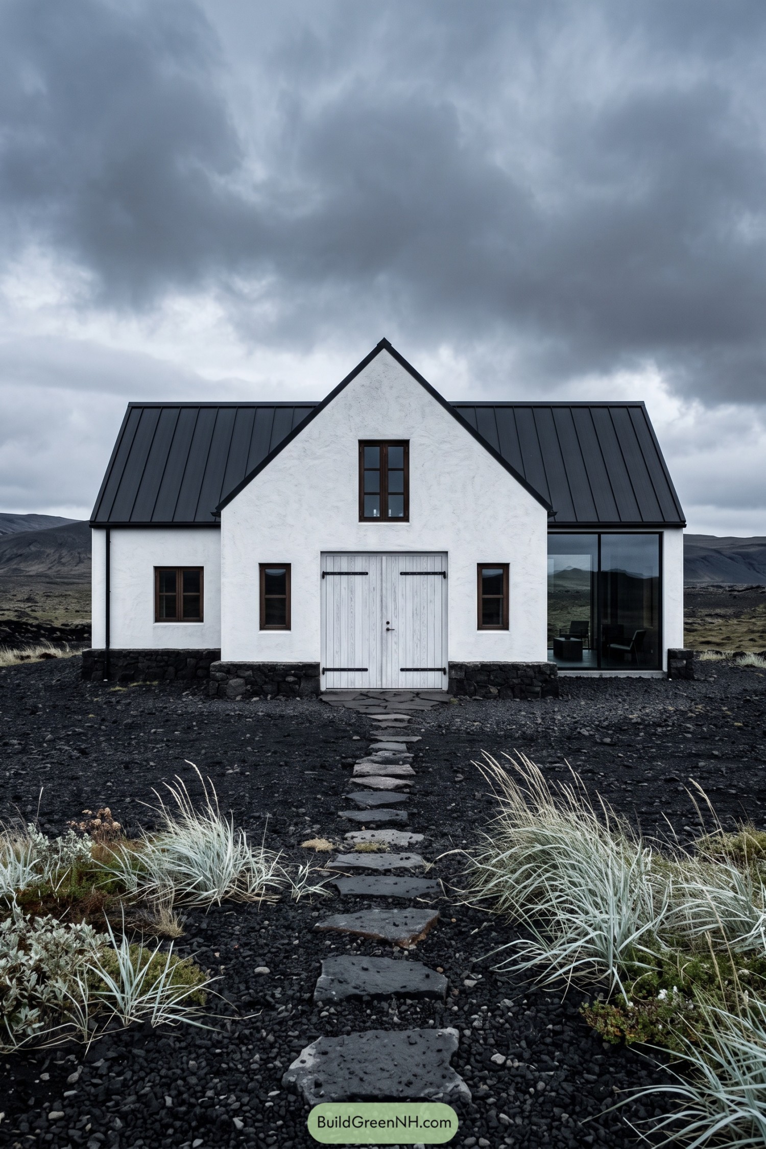 White barn house with black roof on volcanic terrain