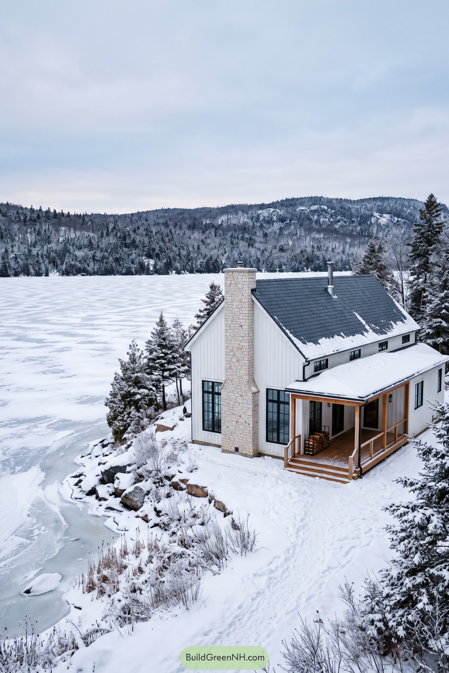 White modern barn home beside a frozen lake with stone chimney