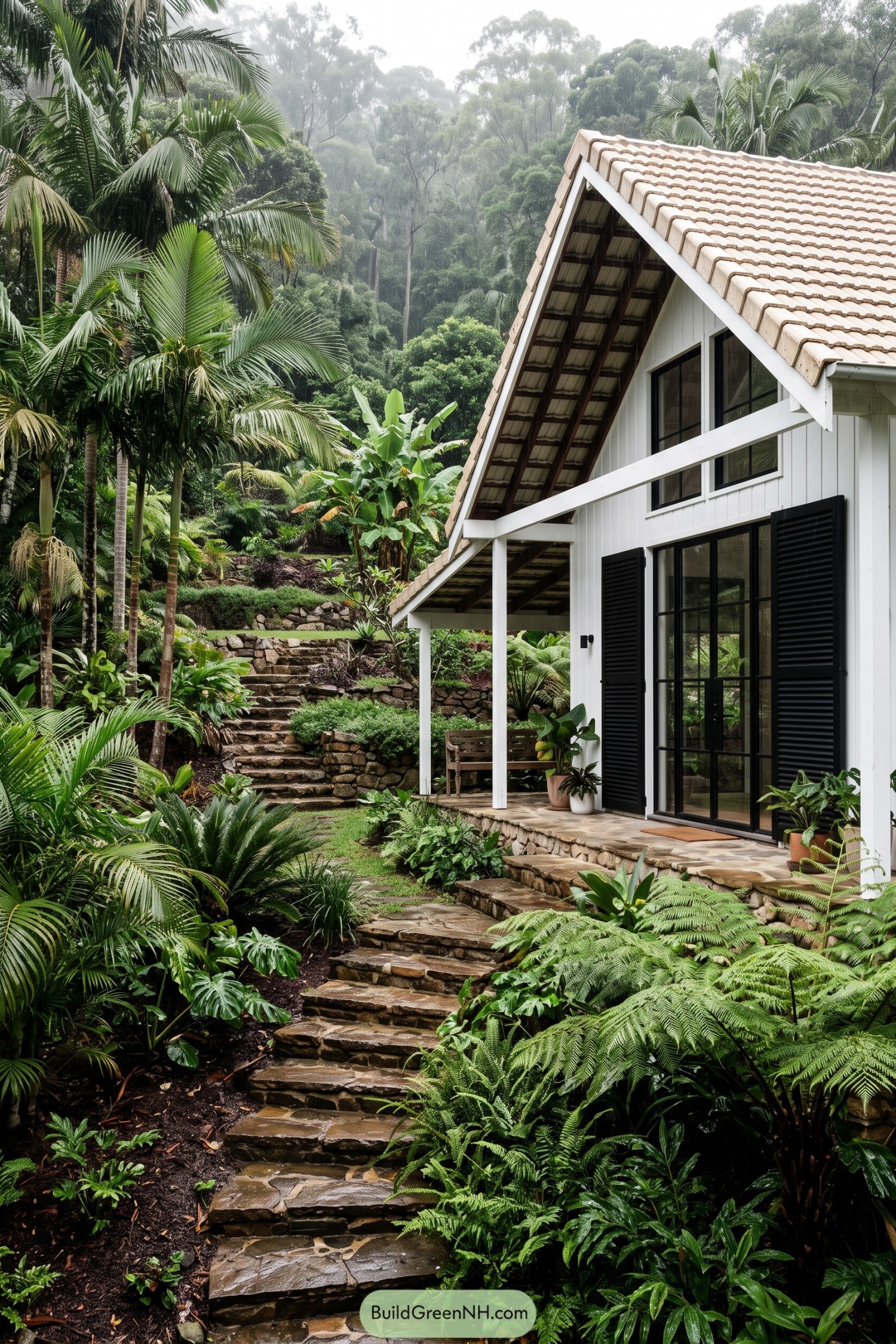 White barn house with tiled roof beside tropical stone gardens