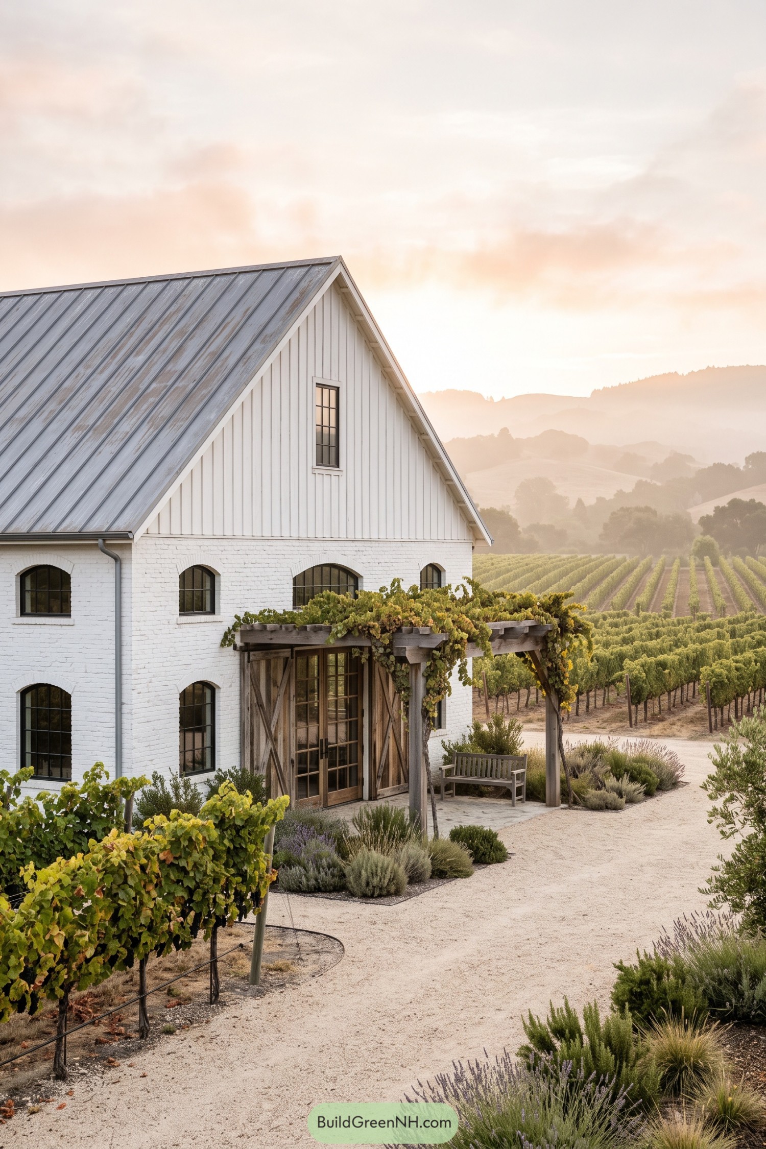 White barn house with vine-covered pergola beside vineyard rows