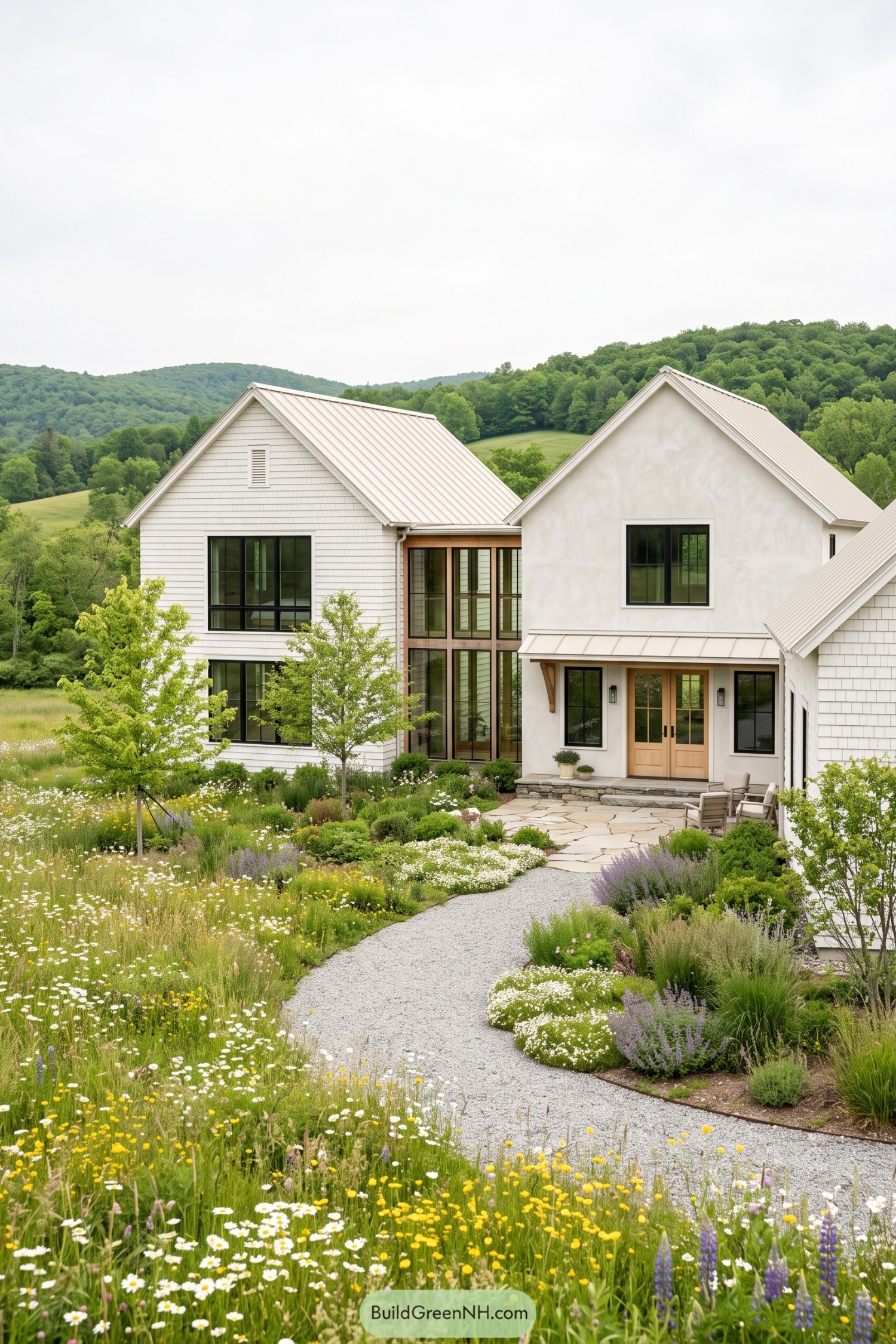 White modern barn home with meadow garden