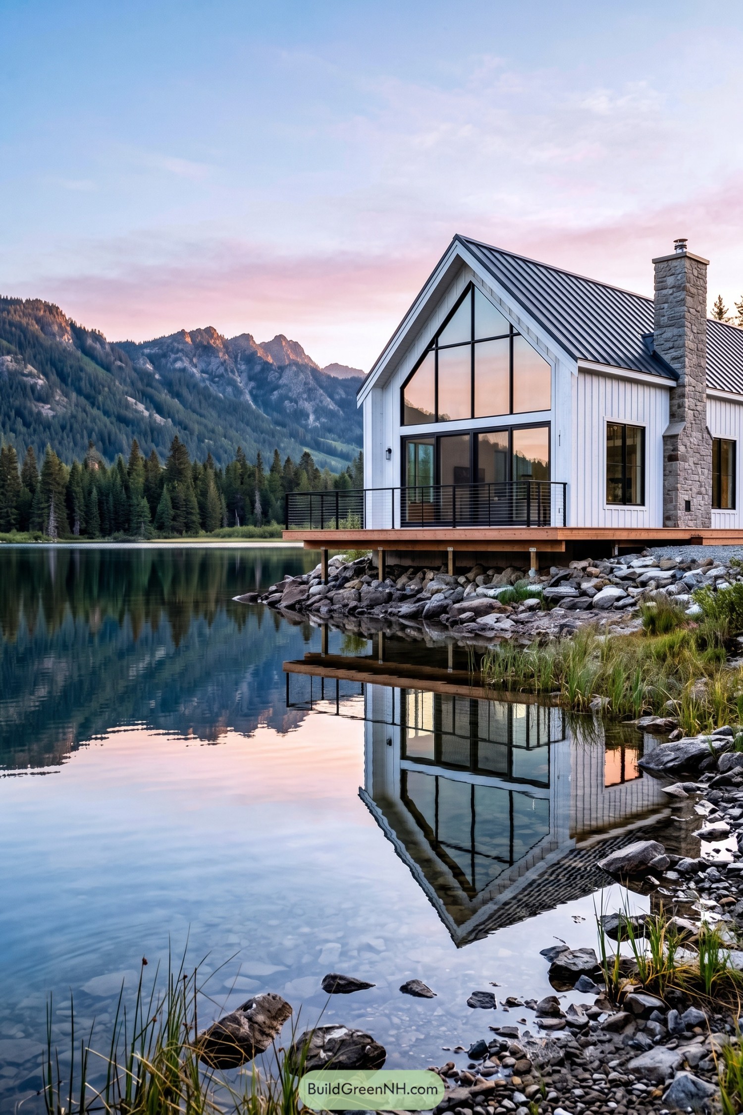 White modern barn beside a mountain lake with stone chimney and deck