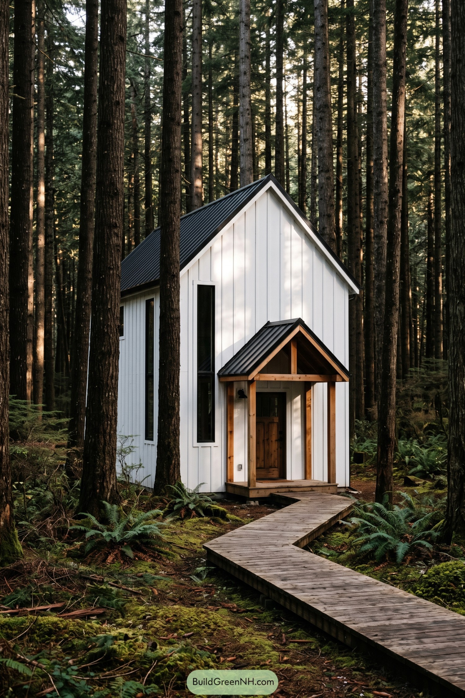 White modern barn house nestled among tall forest trees