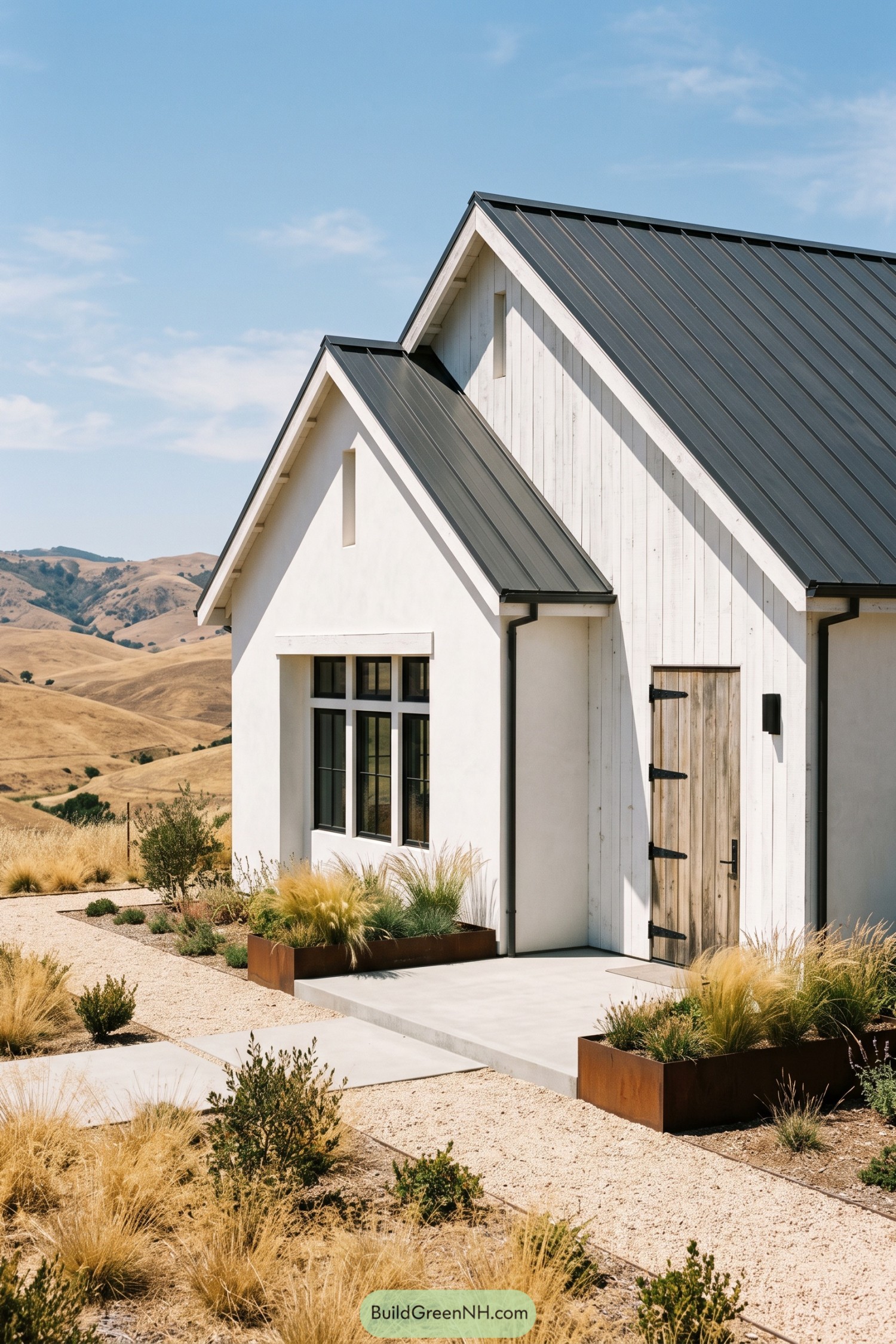 White modern barn with black metal roof on dry hills