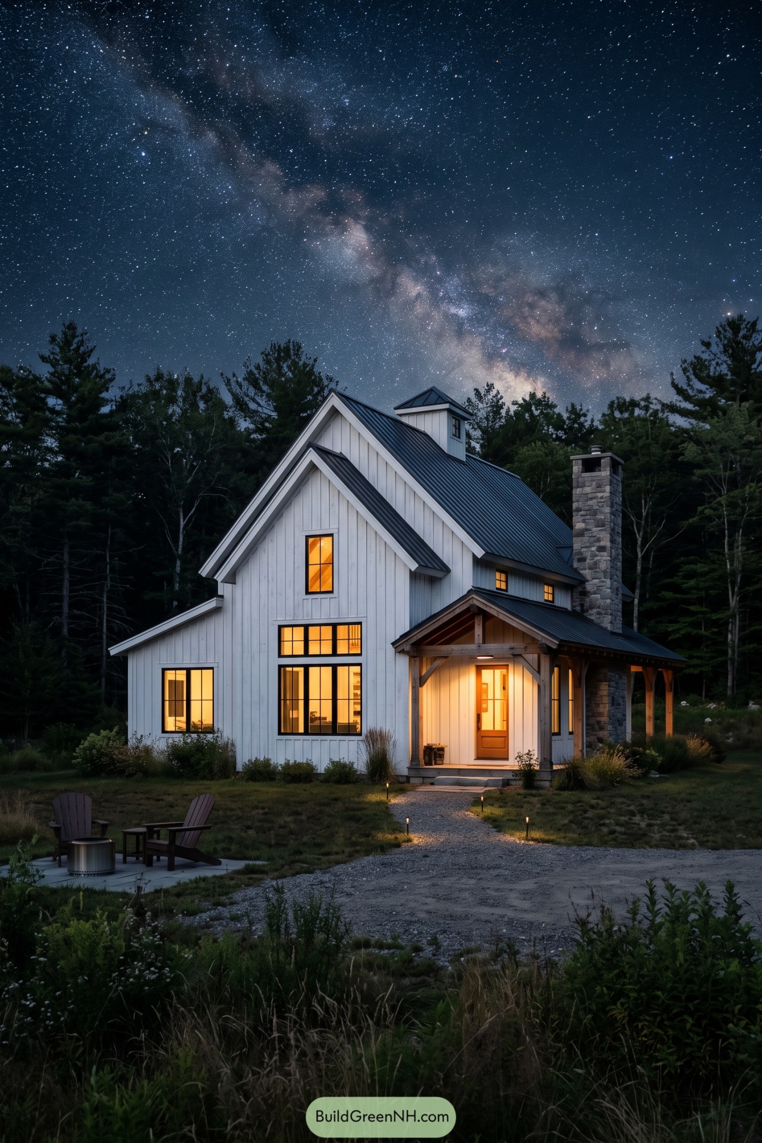 White modern barn house with a stone chimney beneath a star-filled sky