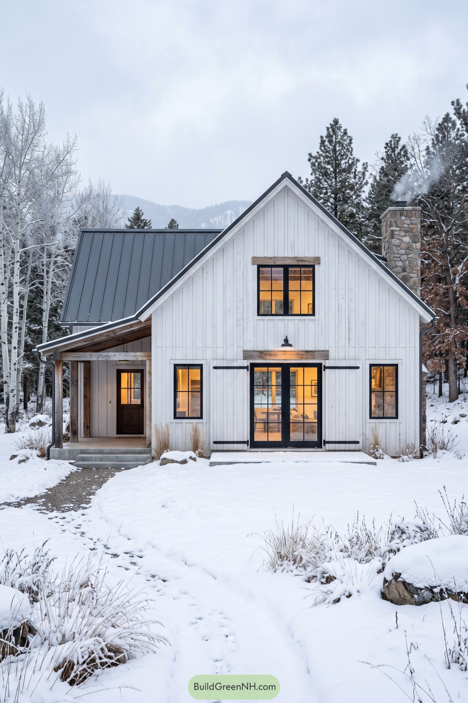 White barn house with black sliding doors and stone chimney in snow
