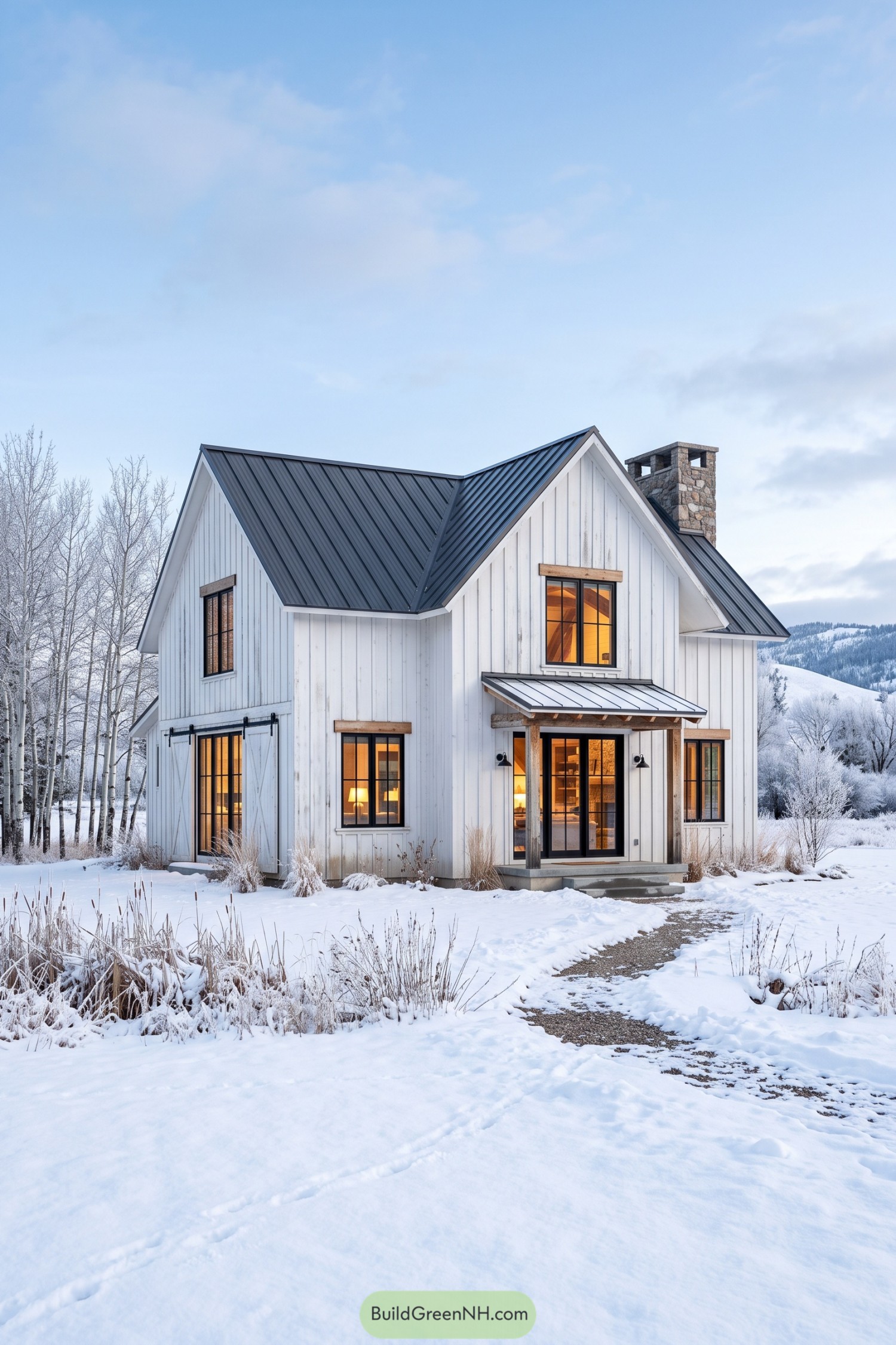 White barn house with black metal roof and stone chimney in snow