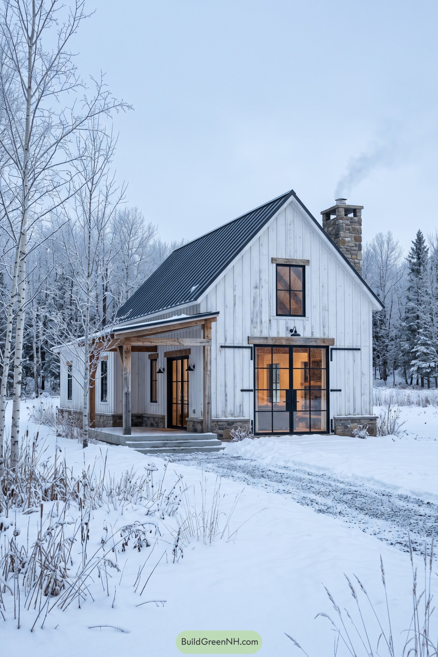White barn home with black metal roof and stone chimney in snow