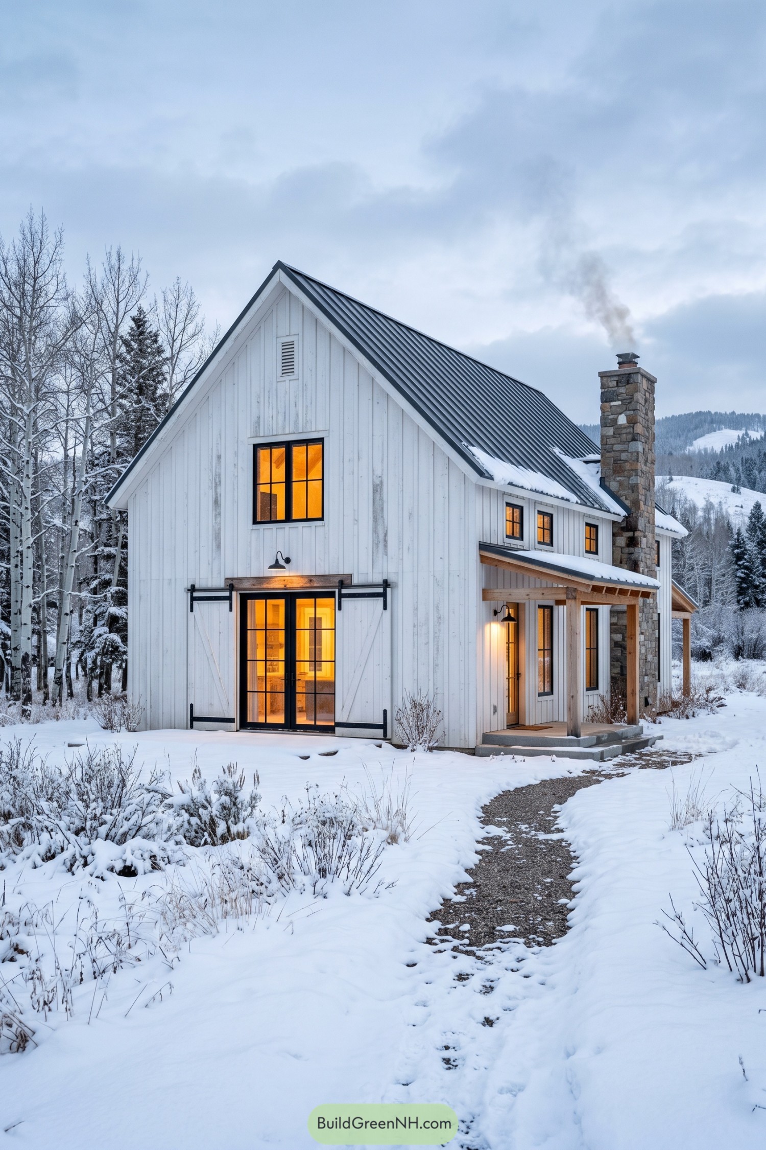 White barn house with black metal roof and stone chimney