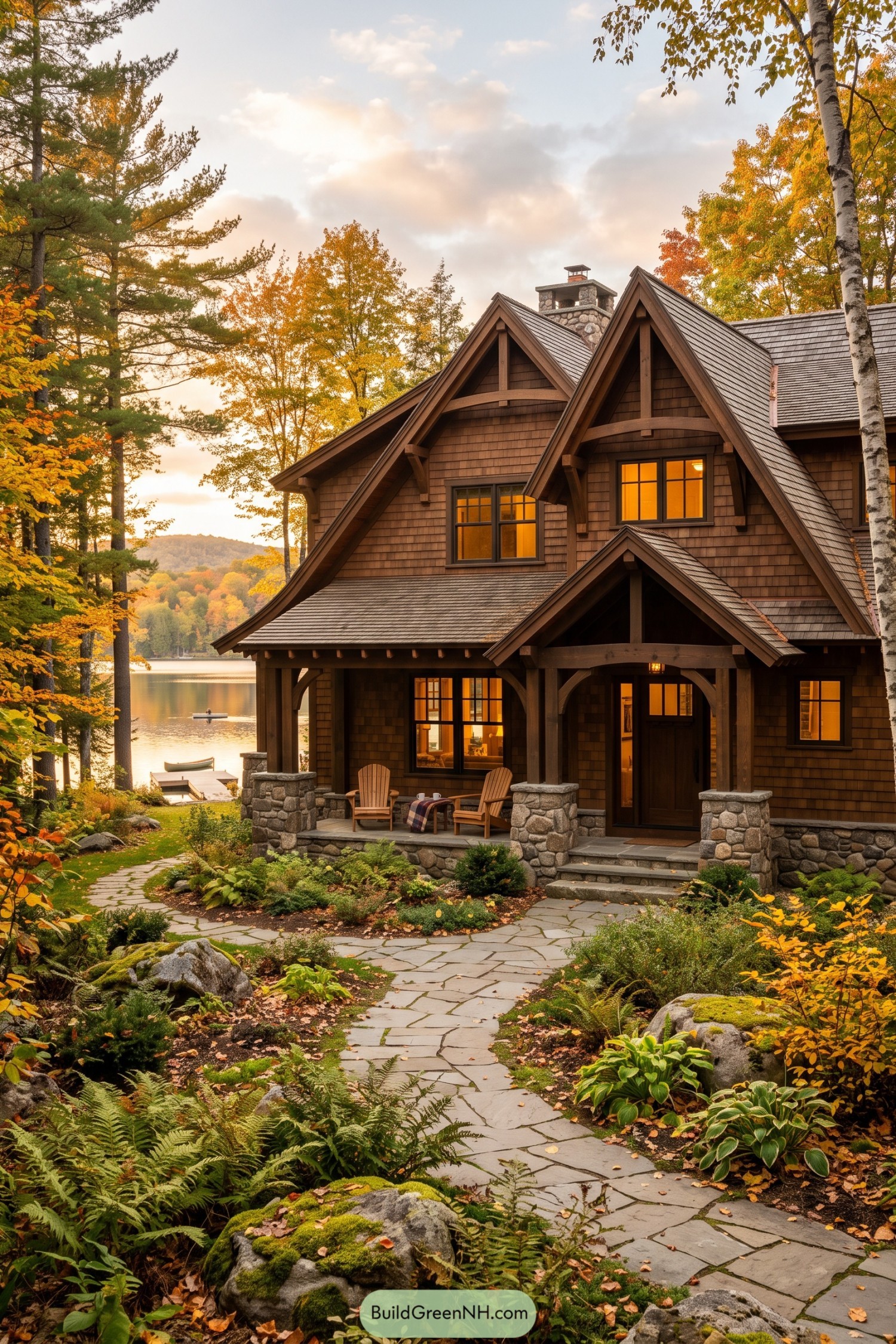 Shingle house with timber gables beside an autumn lake