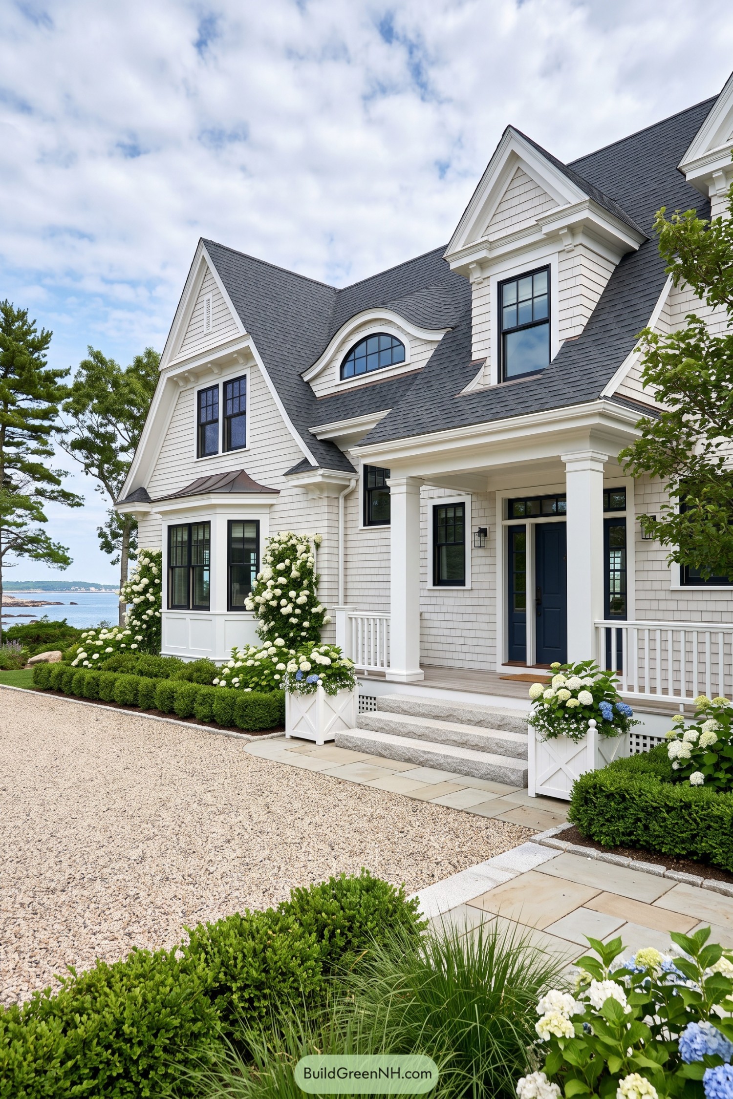 White shingle home with arched dormer and porch