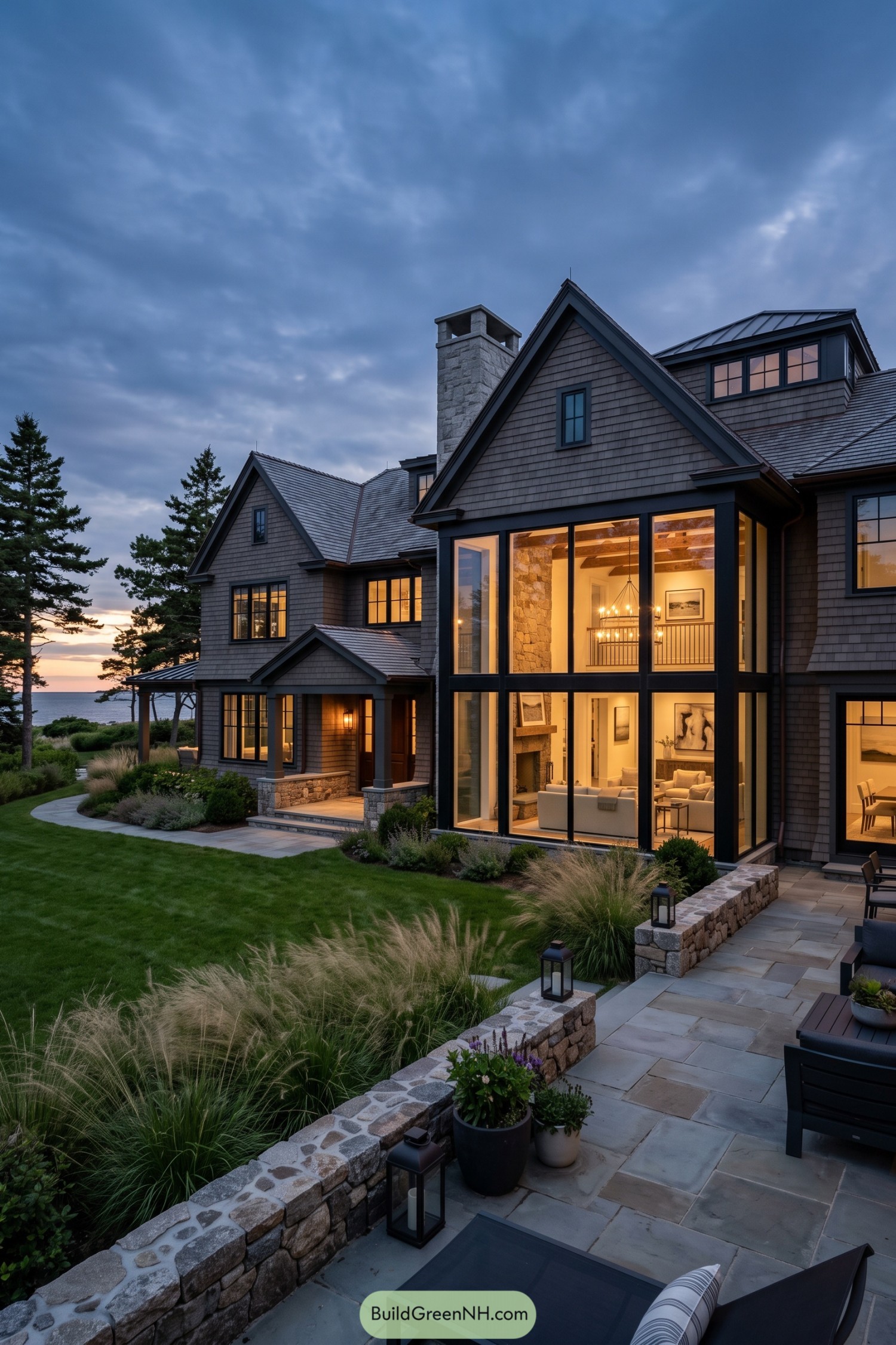 Shingle house with tall windows and stone terrace at dusk