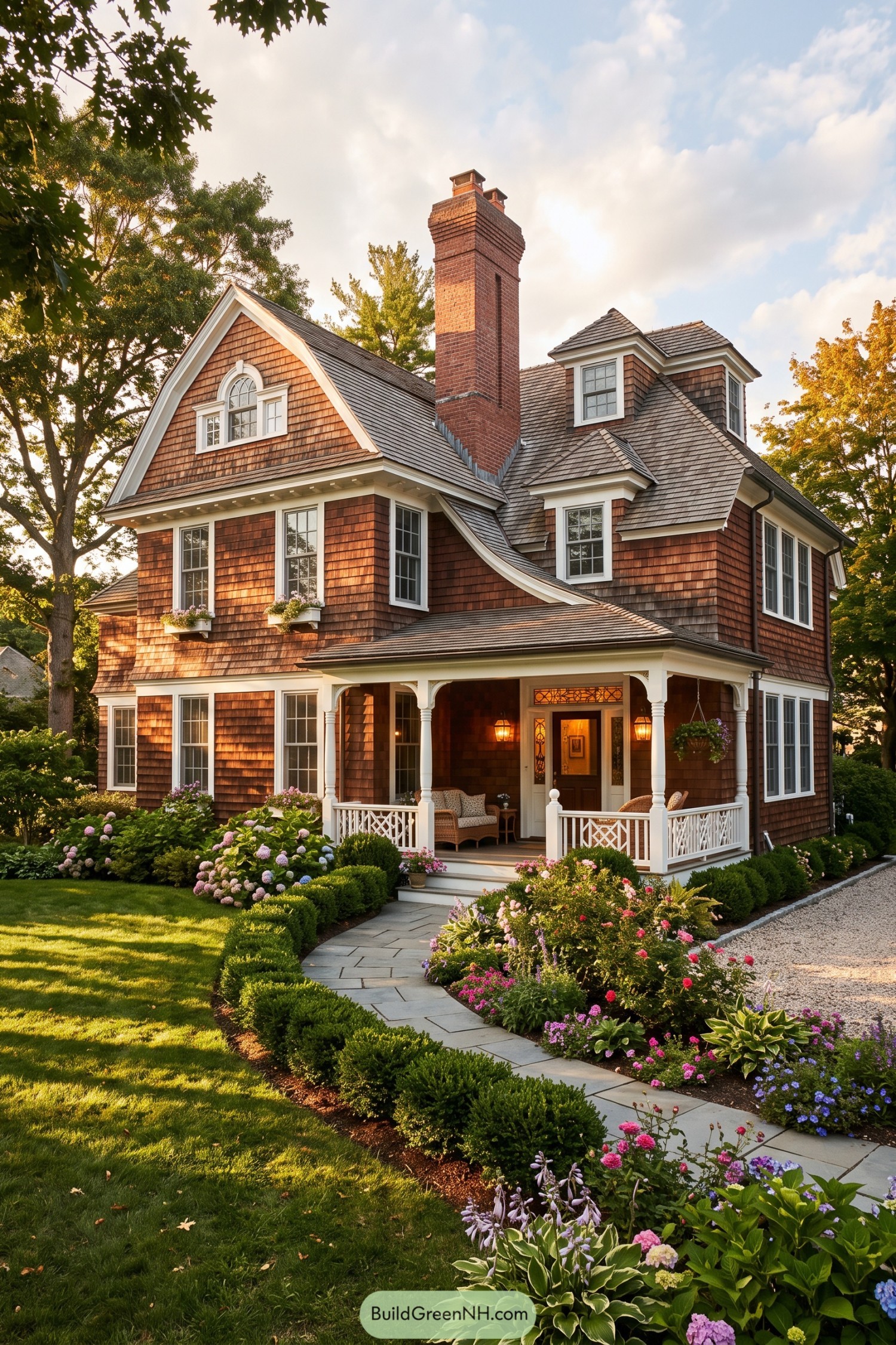 Cedar shingle home with tall brick chimney and flower-lined porch