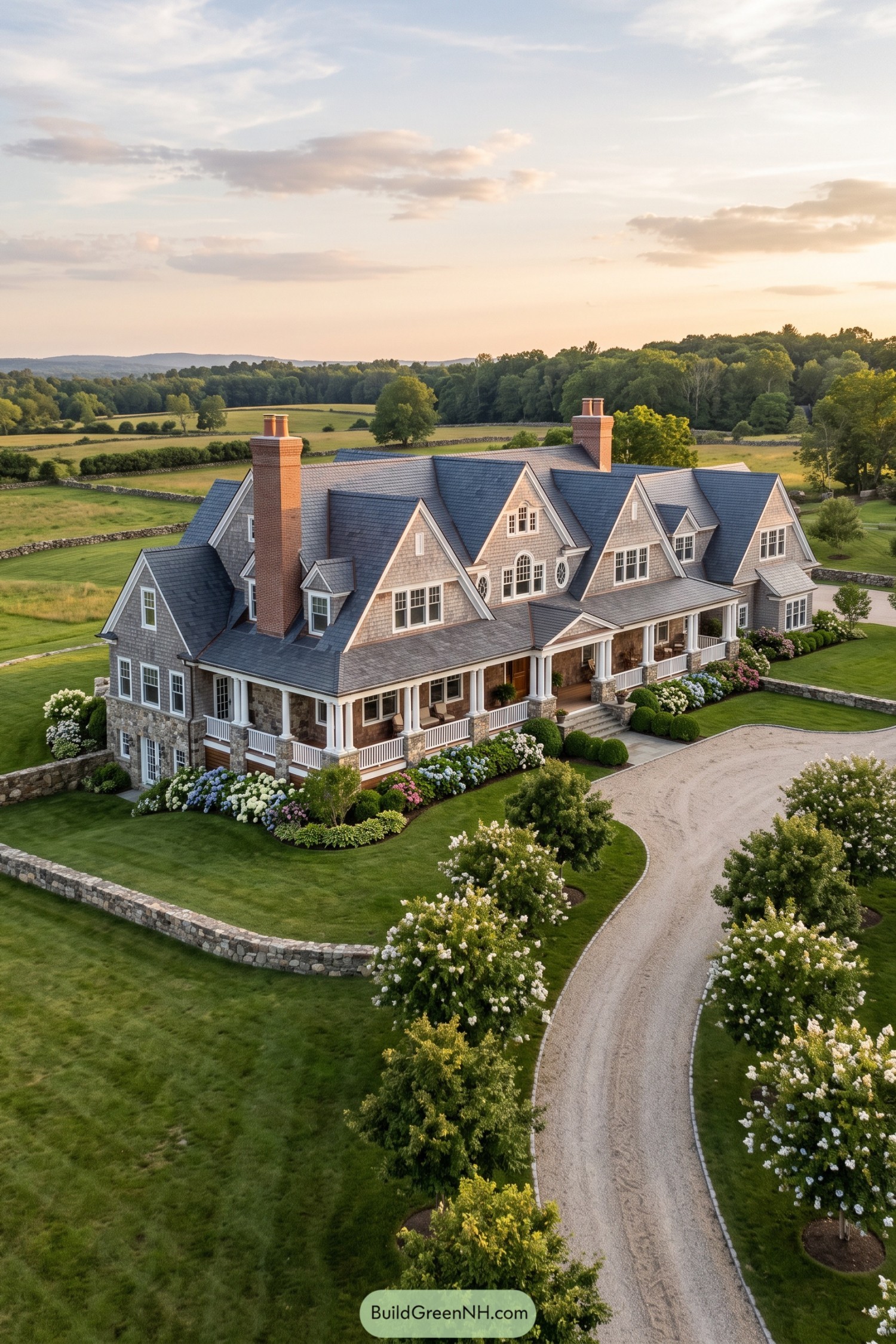 Grand shingle house with twin brick chimneys and wraparound porch