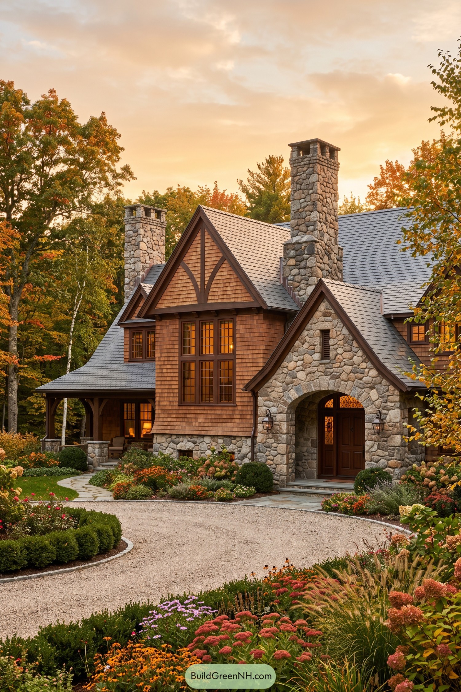 Shingle house with stone chimneys and arched entry