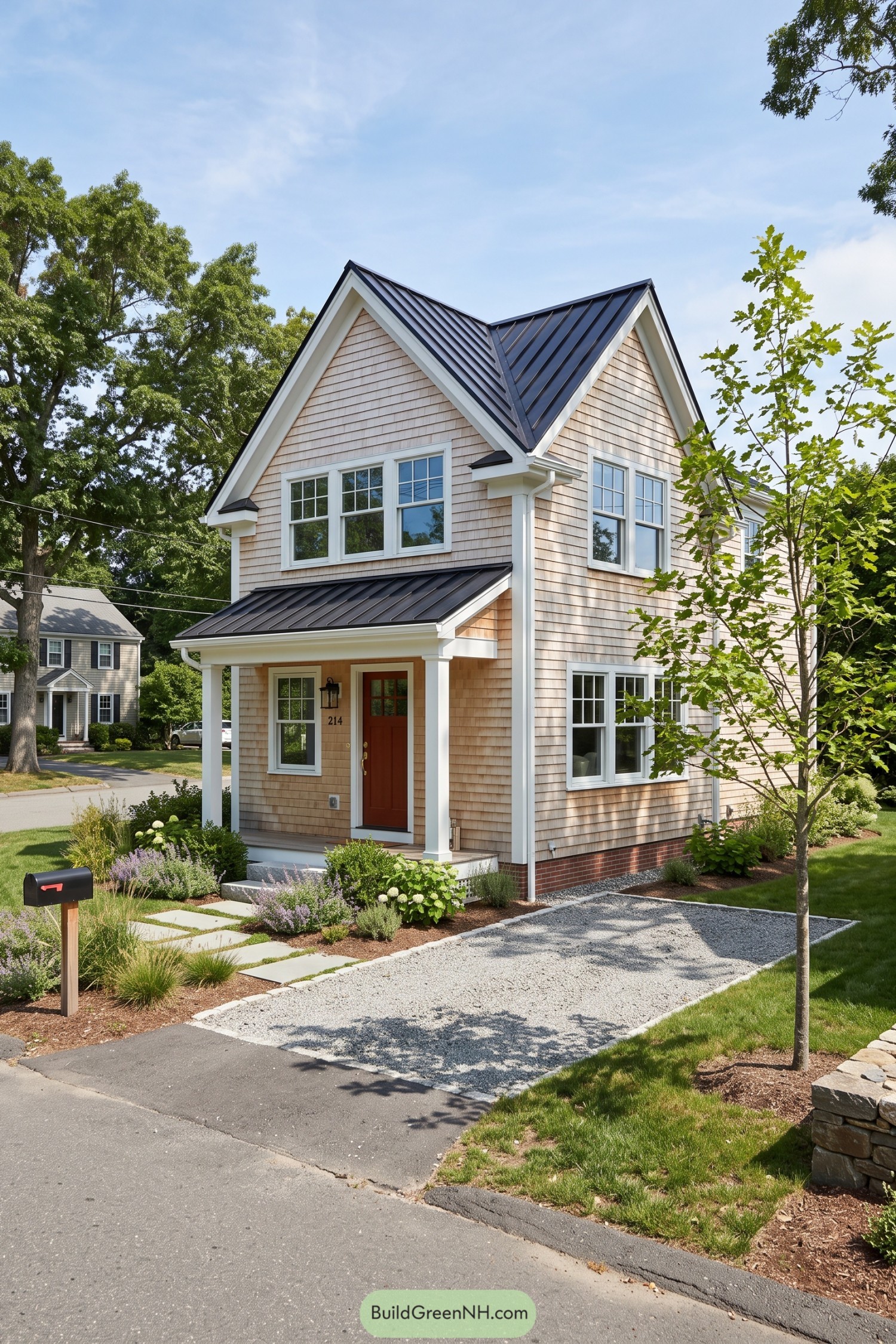 Two-story shingle townhouse with twin gables and a covered porch
