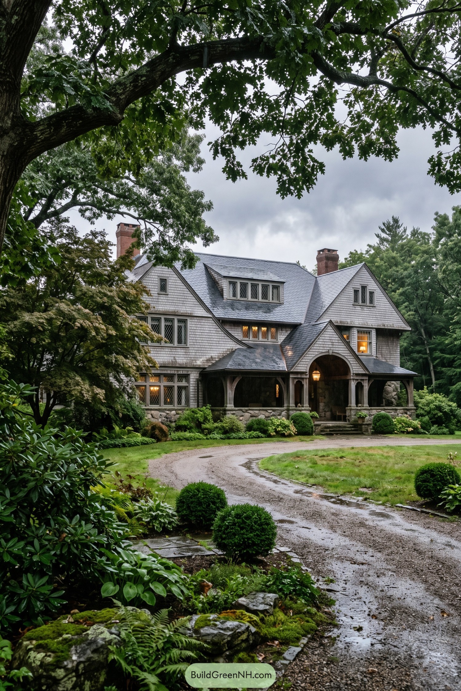 Shingle house with arched porch beneath mature trees