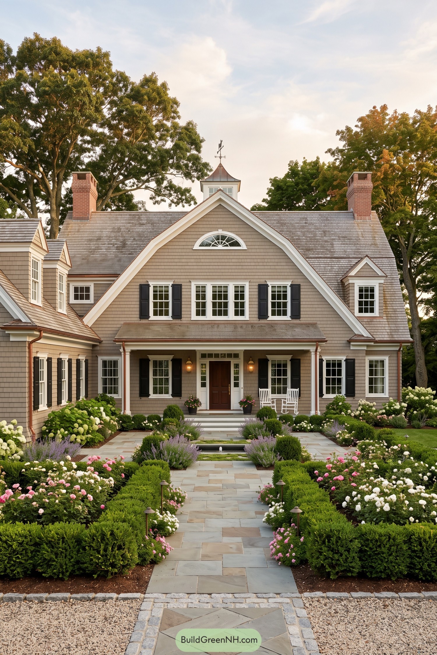Shingle-style home with twin chimneys and formal flower garden