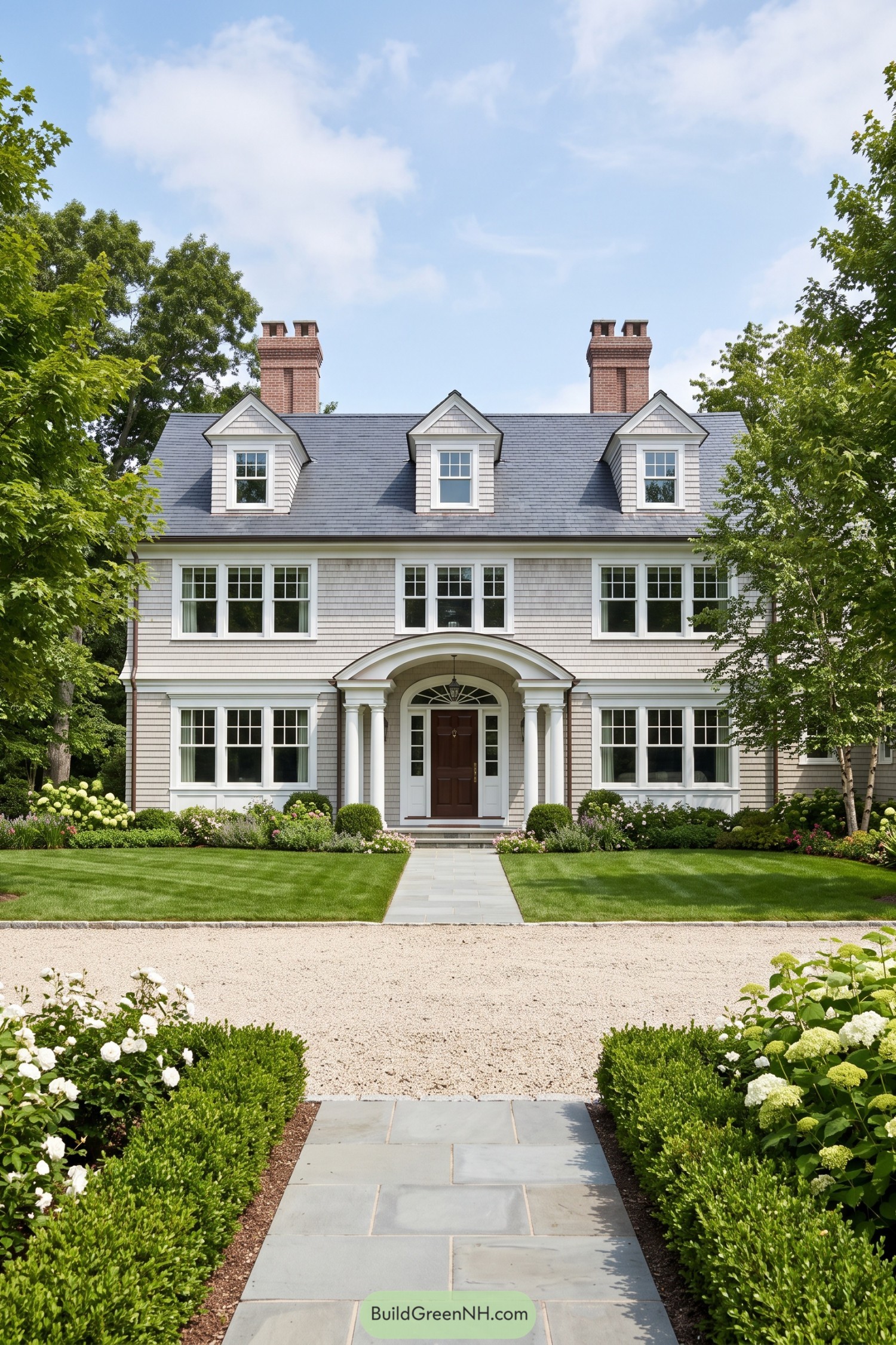 Gray shingle house with dormers and columned entry