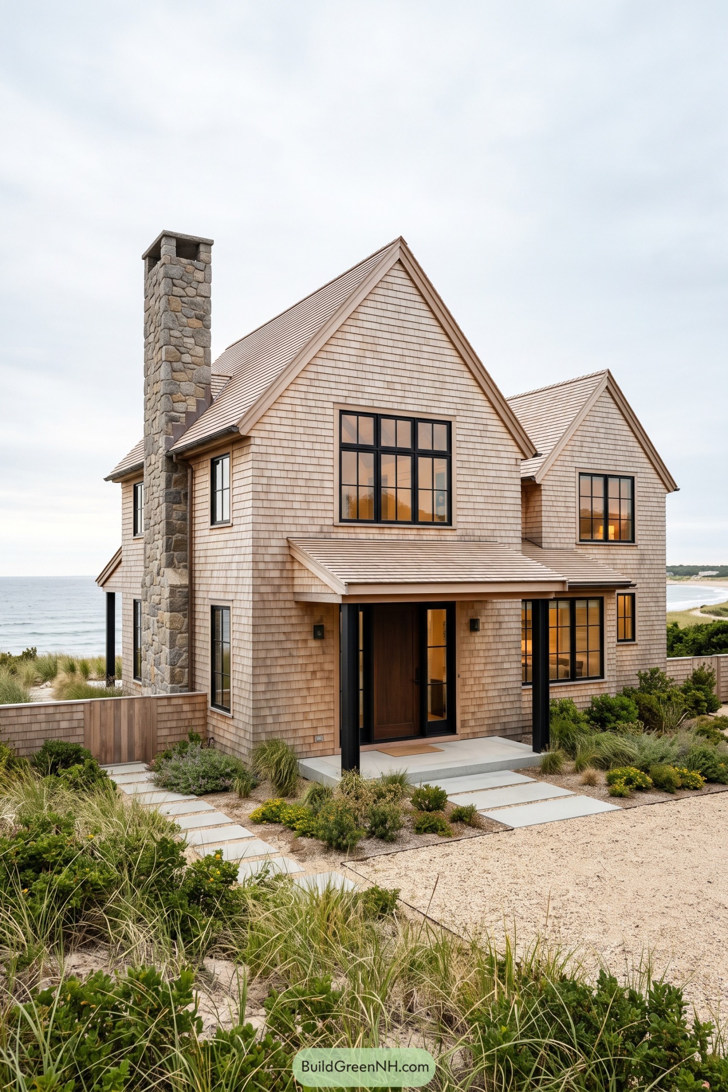 Shingle style coastal home with stone chimney and gables