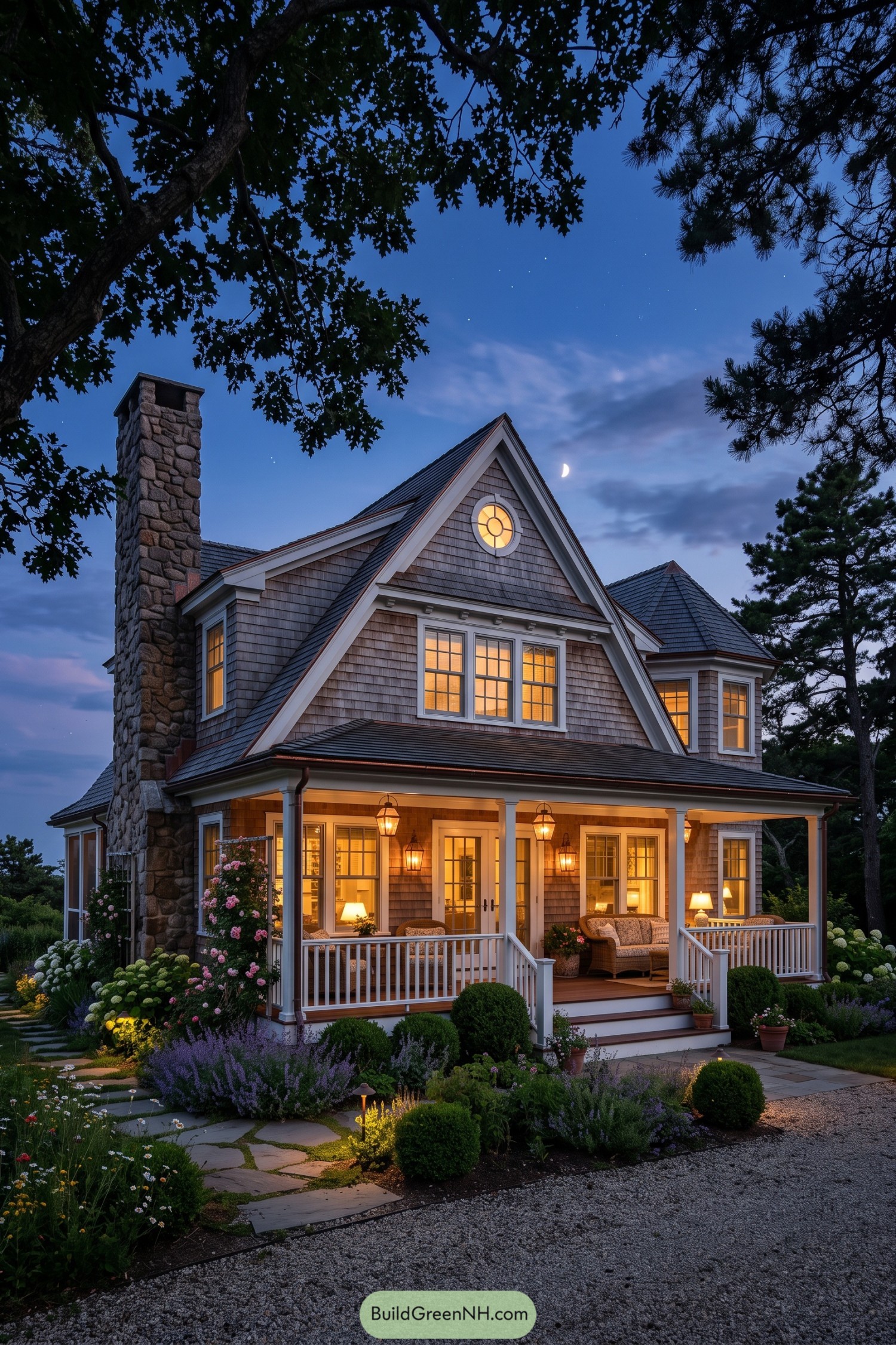 Shingle cottage with a wraparound porch and stone chimney at dusk