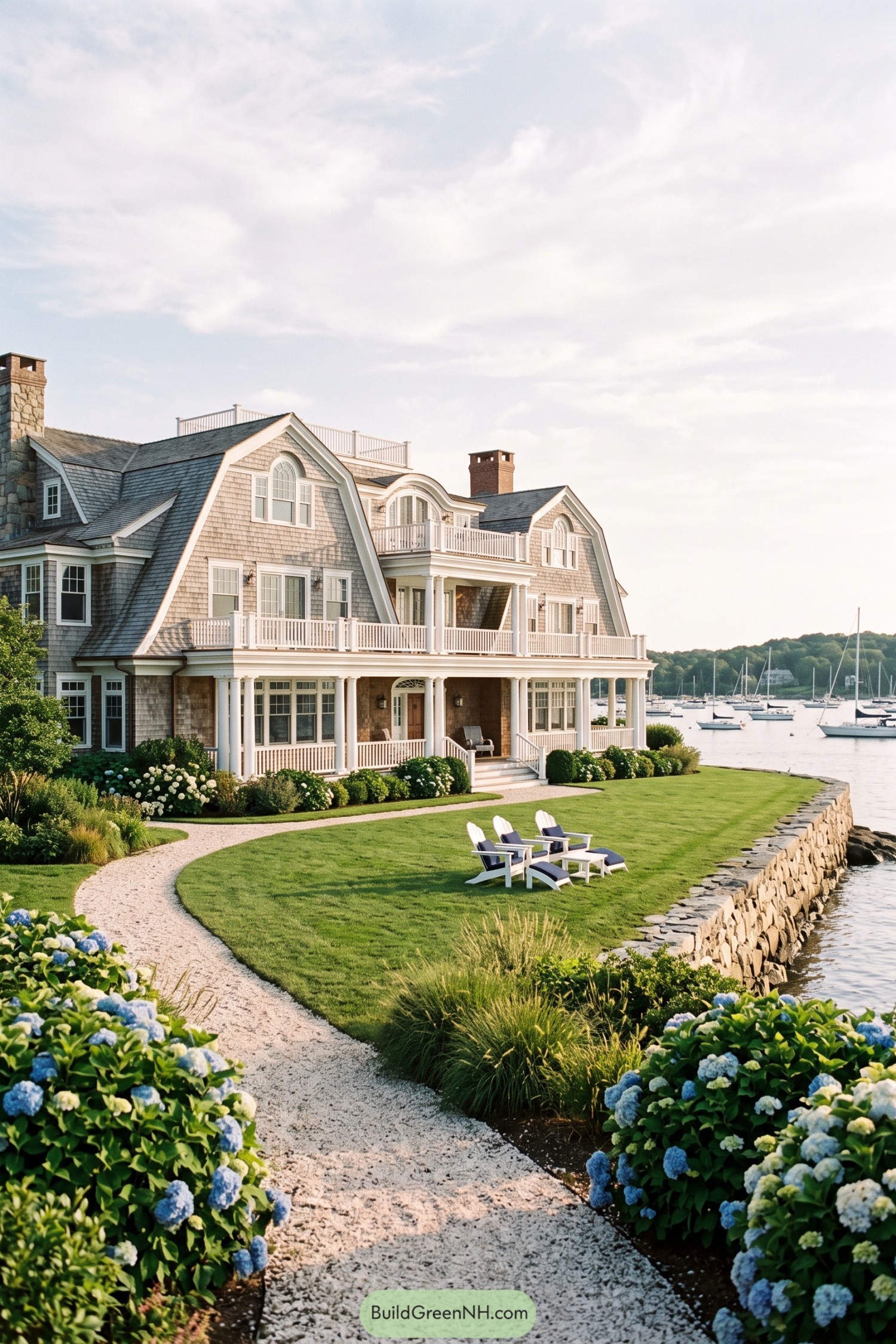 Shingle style waterfront home with gambrel roofs and wraparound porches
