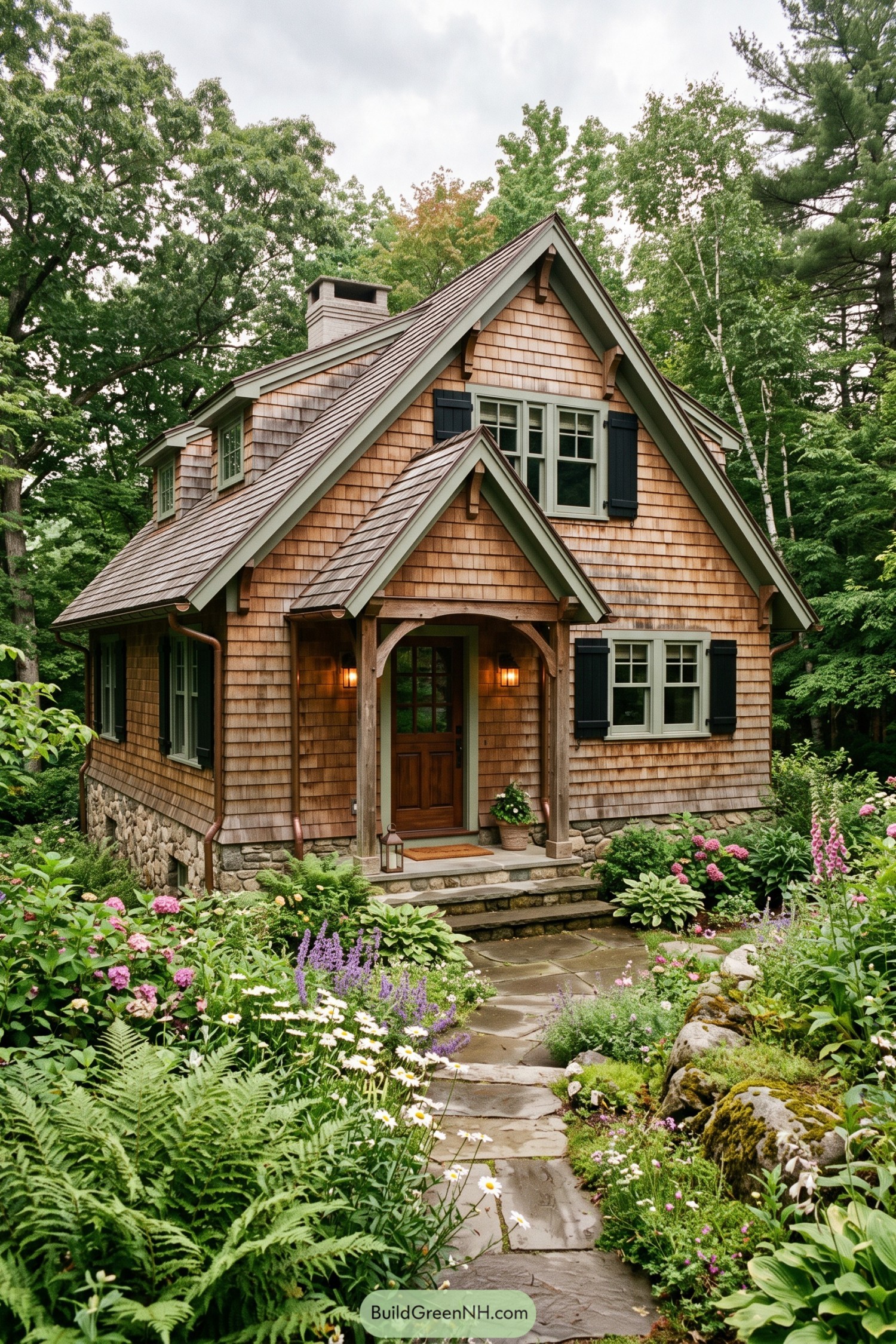 Cedar shingle cottage with steep gables and garden path