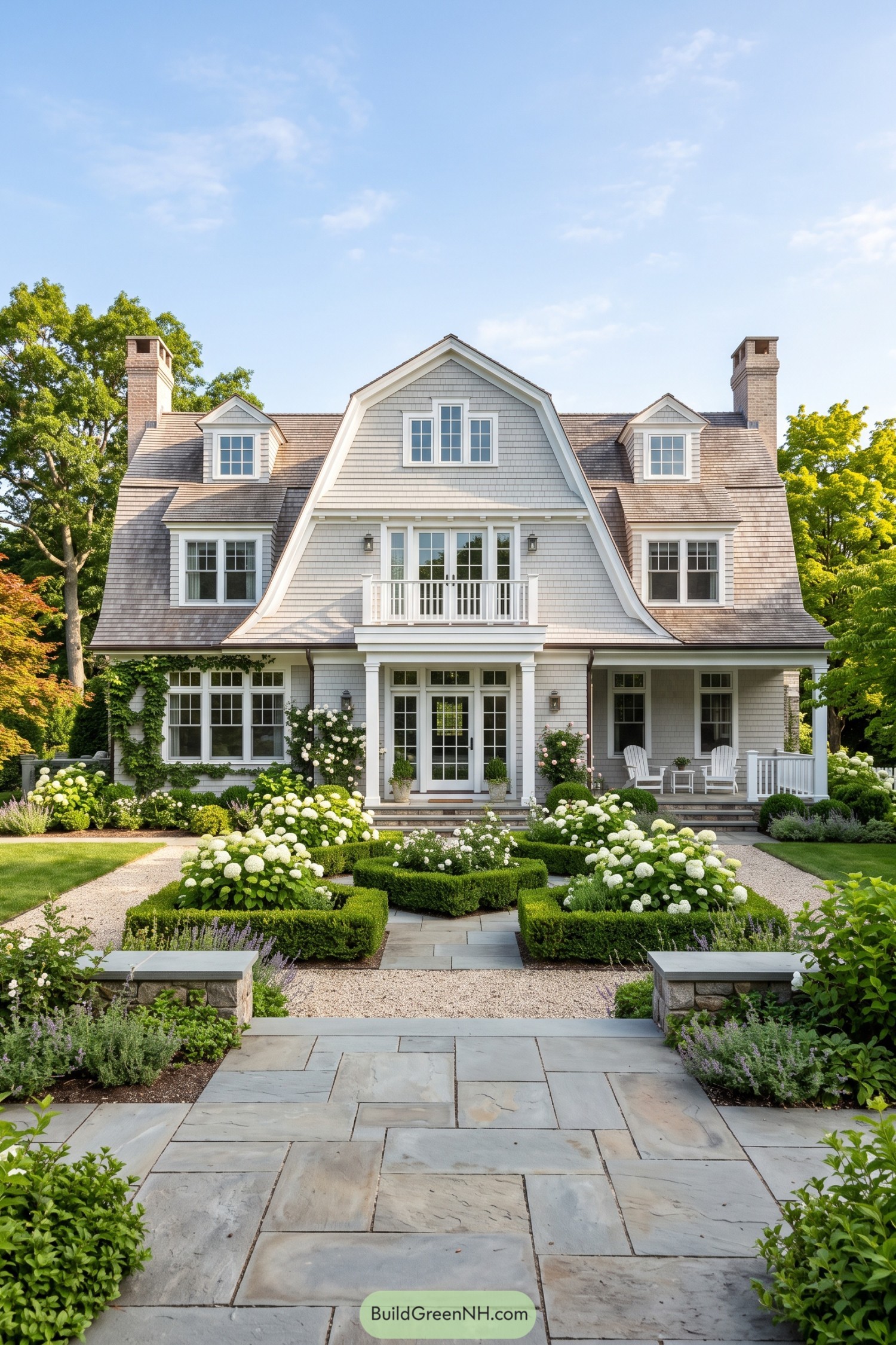 Gray shingle home with sweeping roof and formal garden